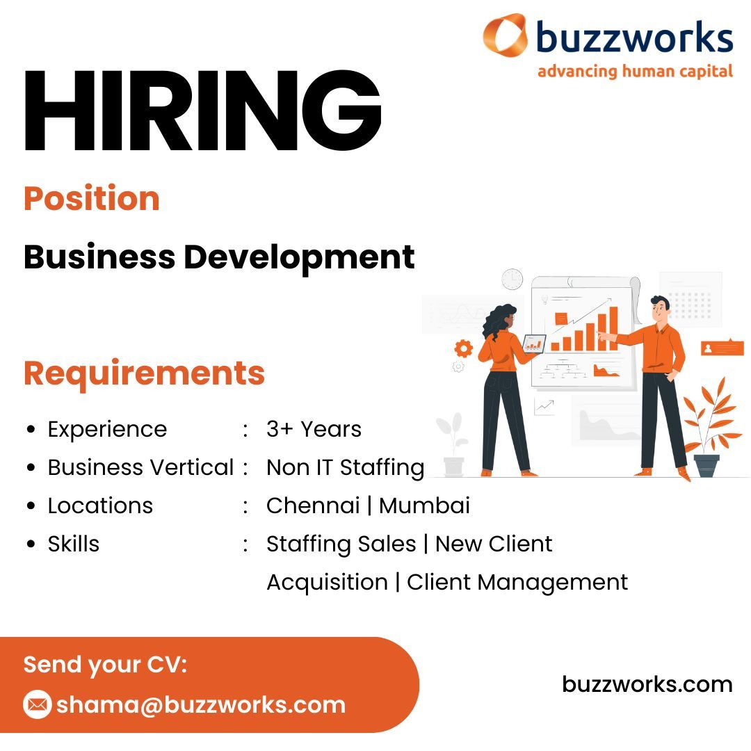 buzzworksdotcom's tweet photo. Exciting Opportunity Alert! 🚀 Join our team as a Business Development professional and take your career to new heights. Send your CV to shama@buzzworks.com 

#buzzworks #hiring #hiringnow #jobopportunity #careergrowth #buzzworkscareers #humanresources https://t.co/D4bQbcBtUX