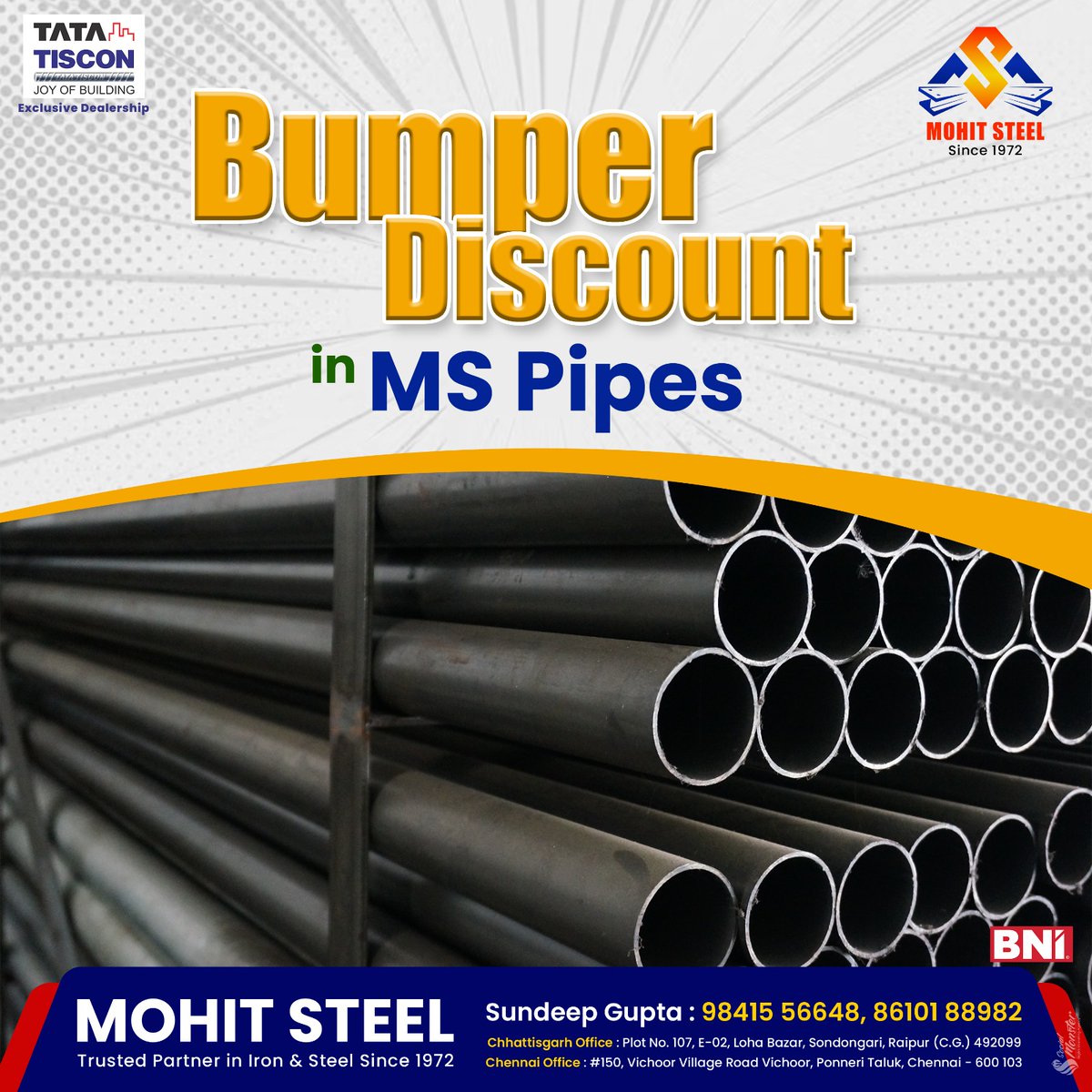 Hurry Don't miss out on bumper discounts for MS pipes at Mohot Steel🔥 Get yours now
.
.
.
 #brighttmt #concreterebars #ramatmt #jindalsteel #raipur #housebuilders #flexistrong #mohitsteelncy