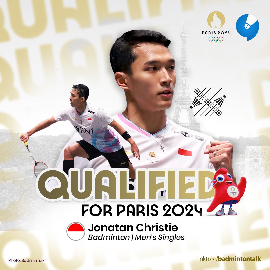 All England Open 2024 winner, Jonatan Christie has qualified for this year's Olympics!

His Race to Paris points are enough to ensure Christie to be in the overall top 16 and Indonesia's top 2, thus confirm his spot in Paris Olympics this year.

Fighting!