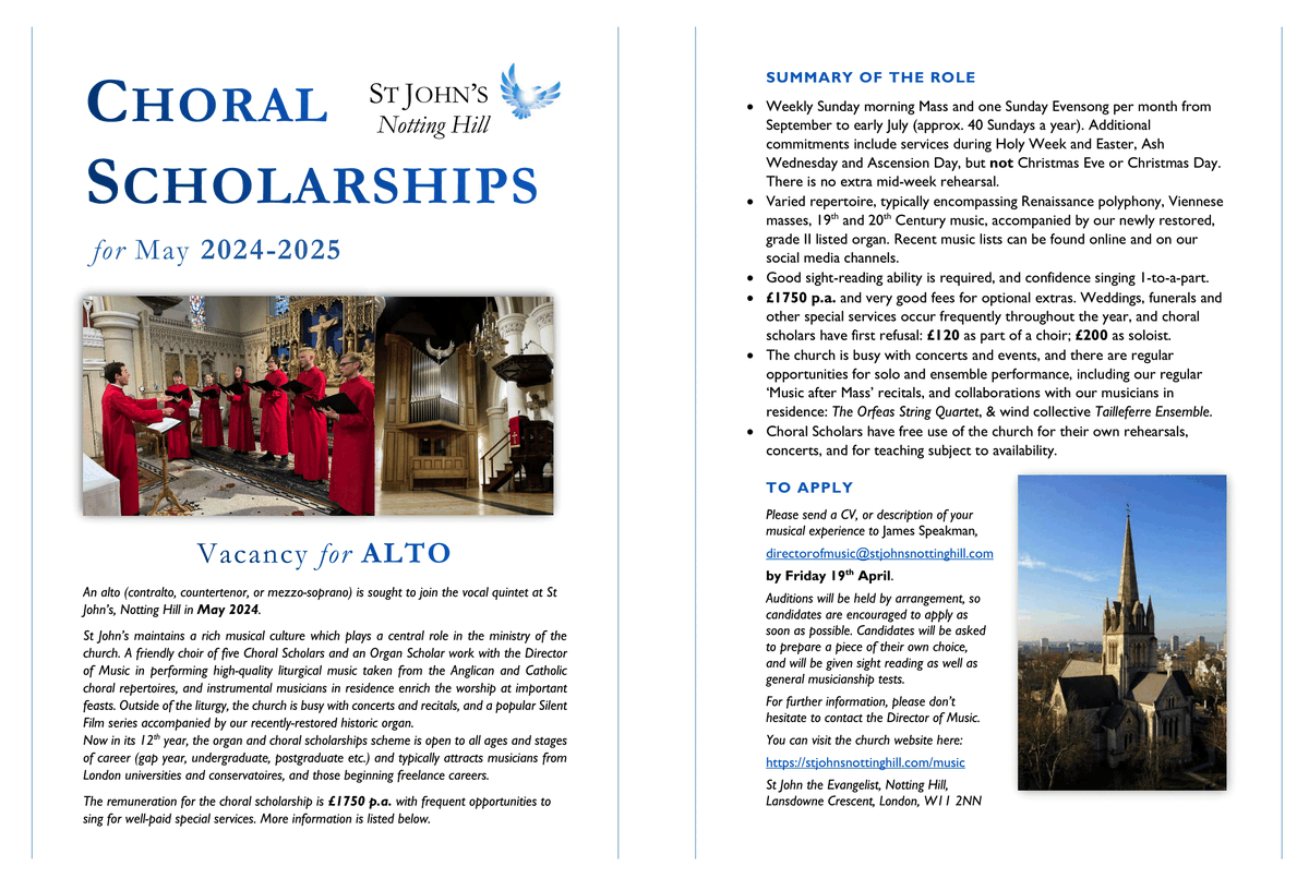 StJohnsNHill's tweet photo. ALTOS APPLY! We’re looking for an alto/countertenor to join our choral scholar quintet in May. Contact directorofmusic@stjohnsnottinghill.com &amp; apply by Friday 19 April! https://t.co/pUlv77P9wj £1750p.a; well paid specials; great music list; sociable team. #ChoralScholarship https://t.co/uCB2ikN7dH