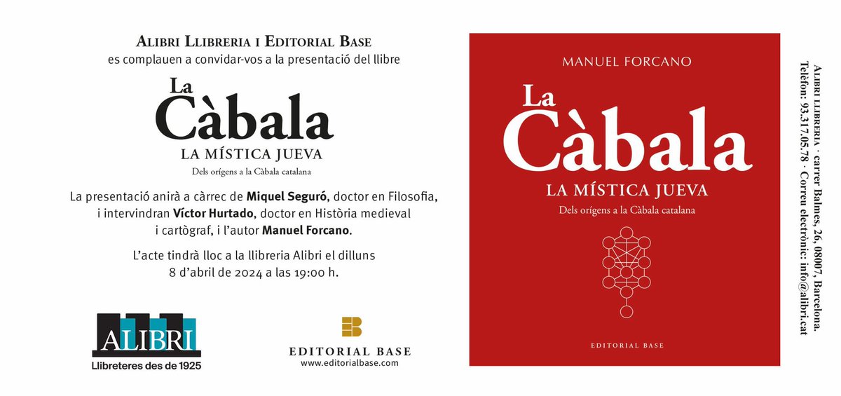 Aquest dilluns serem a @LibreriaALIBRI per a parlar del nou llibre que M. Forcano ha publicat a @EditorialBase. Un llibre clar, estructurat per temes, amb mapes i esquemes, molt adient per a fer-se una composició de lloc de la Càbala. Dilluns, a les 19:00.