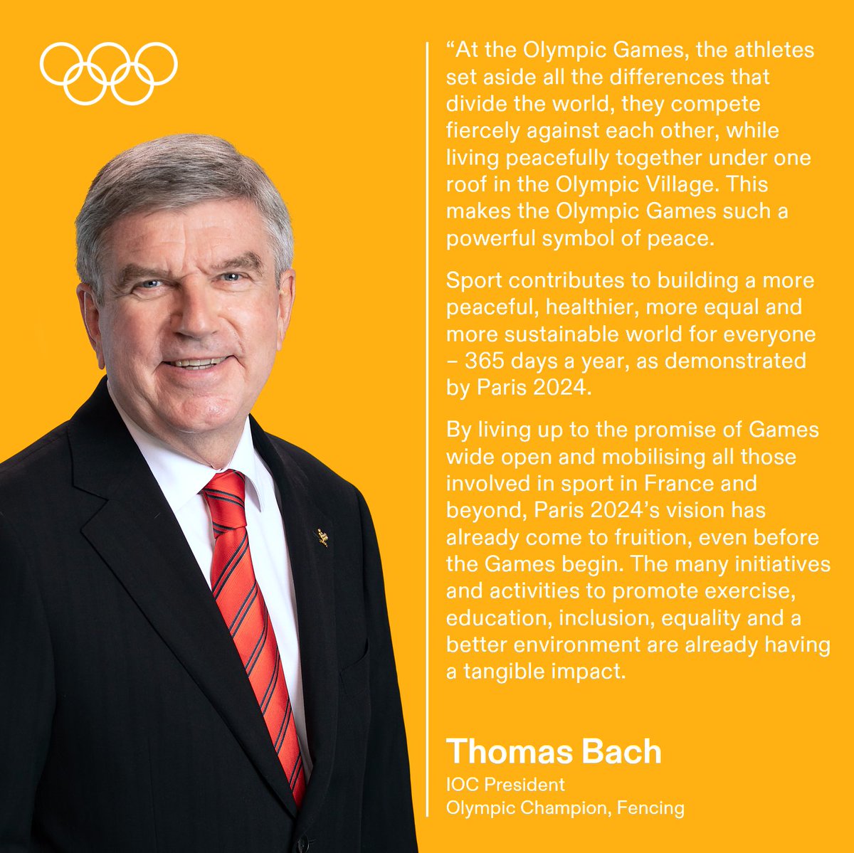 iocmedia's tweet image. On #IDSDP, the IOC President Thomas Bach reflects on how sport and @Paris2024 can play a unique and powerful role in uniting the world in peaceful competition and in building more inclusive societies. 

olympics.com/ioc/news/paris… 

#SportDay