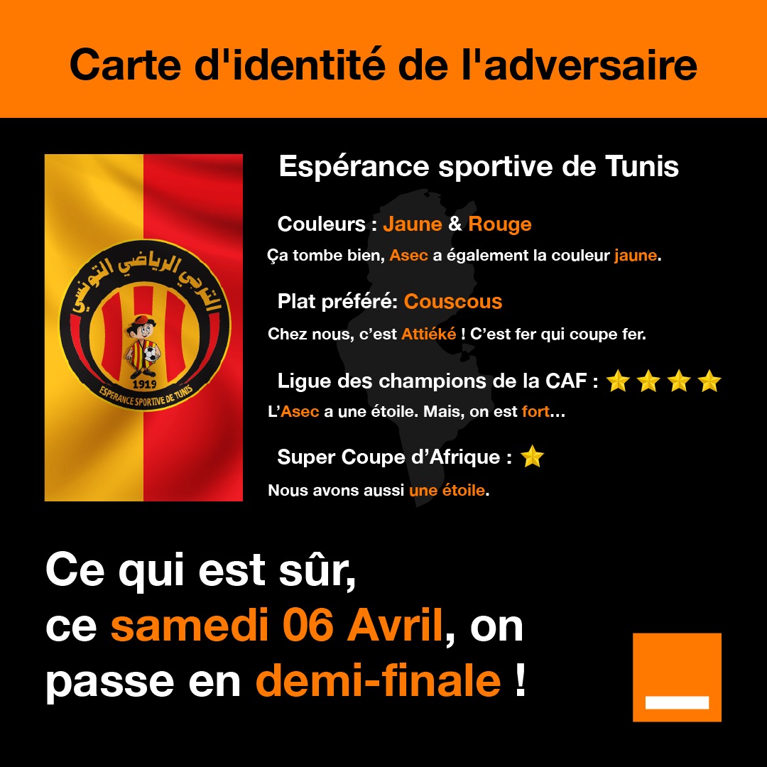 L'Asec Mimosas, en lice pour un 2e sacre en Ligue des Champions Africaine affronte l'Espérance de Tunis au stade Félix Houphouët-Boigny, ce 06 avril à 20h. Rdv sur la TV d’Orange 👉🏾 pulse.ly/0olzfsv2j8 pour vivre cette rencontre au sommet. #OrangeFootball #OrangeSupporter