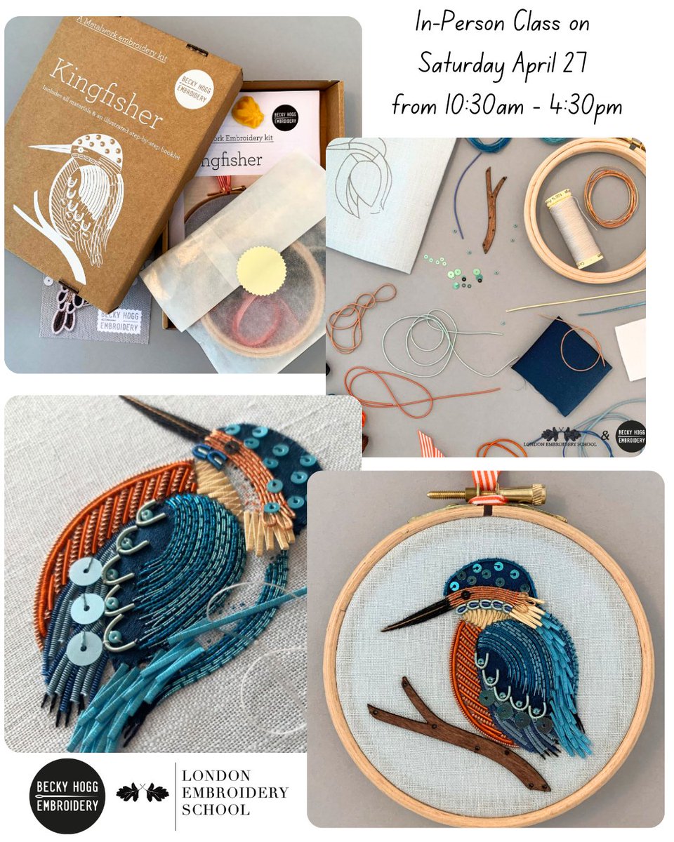 Join Becky Hogg's in-person class on April 27th to learn how to create a Kingfisher using silk-wrapped wires and colored metal threads. londonembroideryschool.com/product/metal-… #londonembroideryschool #embroidery #metalthreads #kingfisher #couching #cutwork #inpersonclass