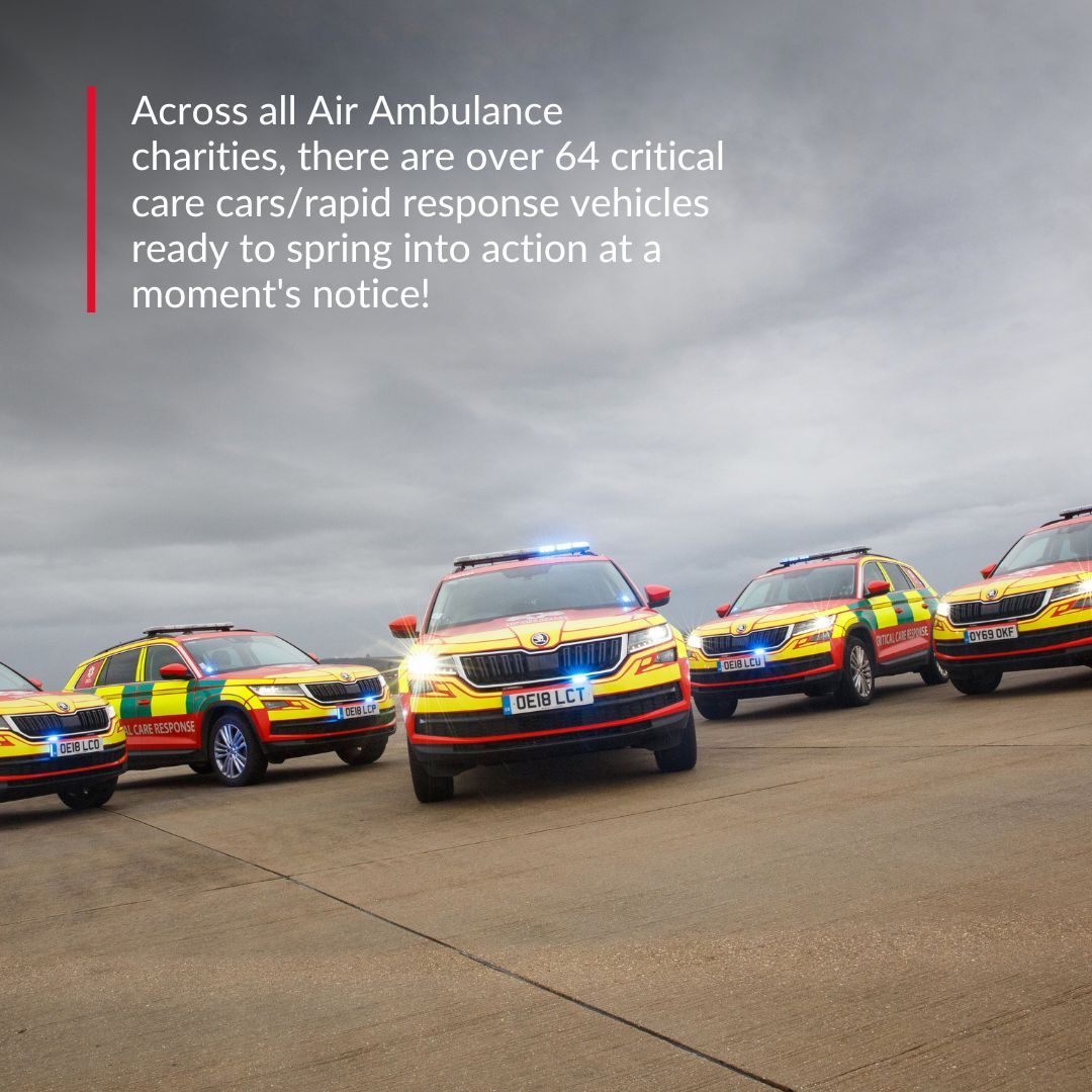 Across all Air Ambulance charities, there are over 64 critical care cars/rapid response vehicles ready to spring into action at a moment's notice! 🌟 These vehicles enable crews to reach more patients in urgent need, whether by air or by road. 🚁 #Didyouknow