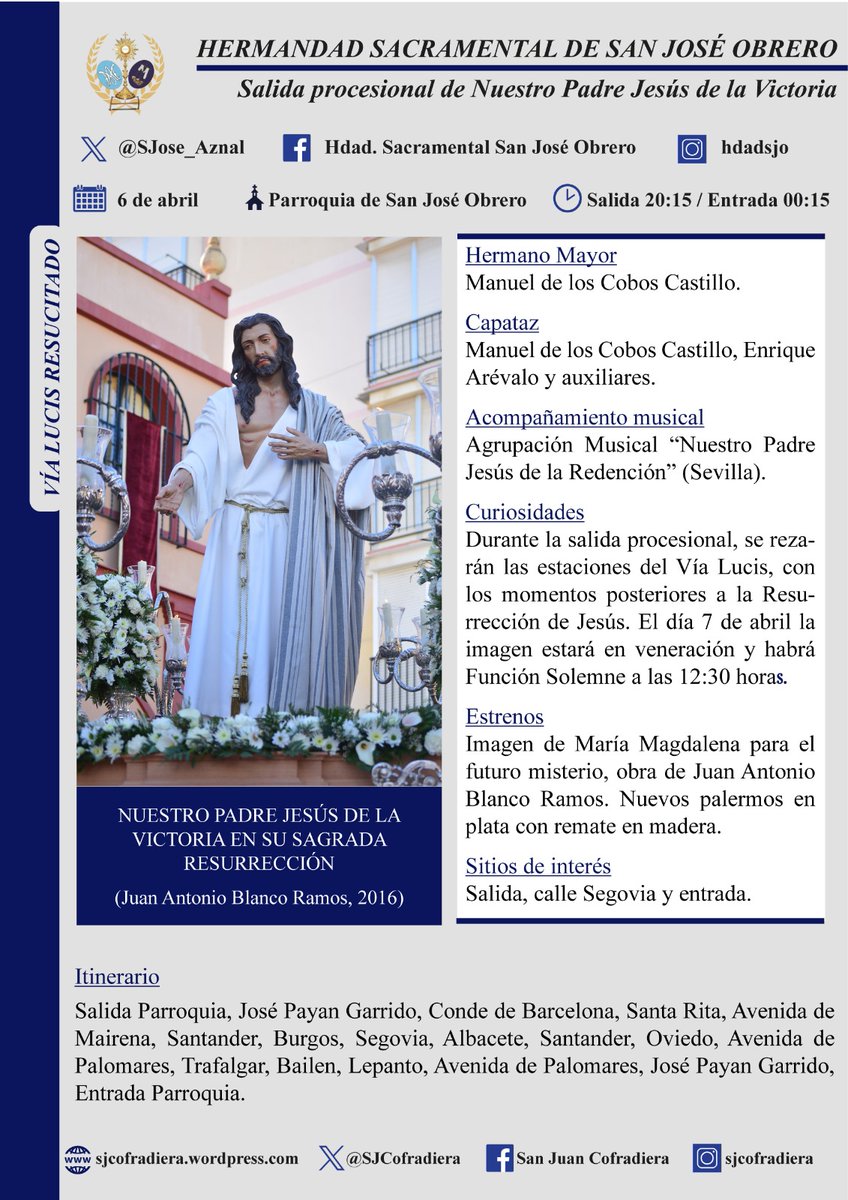 ℹ️ En el día de hoy procesionará por las calles de San Juan de #Aznalfarache el Señor de la Victoria de la <a href="/SJose_Aznal/">Hdad Sacramental S. José Obrero</a>.

🕍 Parroquia de San José Obrero.

🕕 20:15/00:15.

🎶 <a href="/AMRedencion/">La Redención</a>.

Toda la información de la procesión en la siguiente infografía.
⤵️