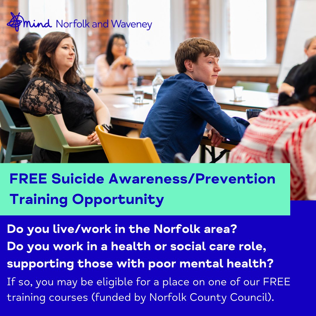 You may be eligible for a place on one of our free courses. 1 Day Suicide Responders (9.30am-4.30pm) 📅9th April (Dereham) 📅31st May (Norwich) ½ Day Suicide Awareness (9.30am-1pm) 📅18th April (Virtual via zoom) 📅14th May 📅30th May Book here: forms.office.com/e/uiBj37mVKW