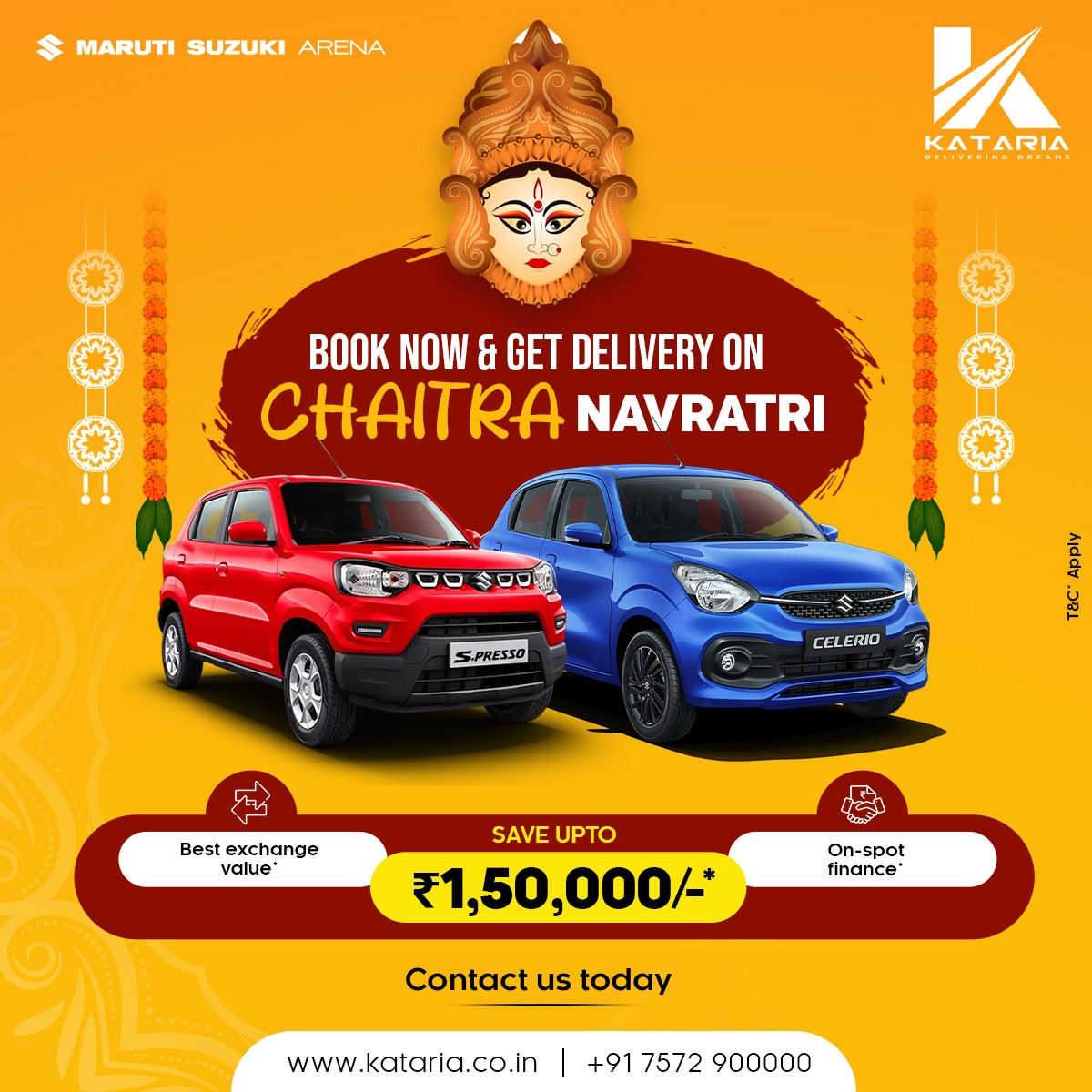 Savings up to ₹1,50,000* are waiting, featuring exclusive offers on the best exchange price.

Mail us at leads@kataria.co.in or call us at +91 7572900000

#kataria #katariaautomobiles #KatariaCare #BuyYourOwnCar #BuyFromKataria #Arena #MSArena #chaitranavratri #Navratri