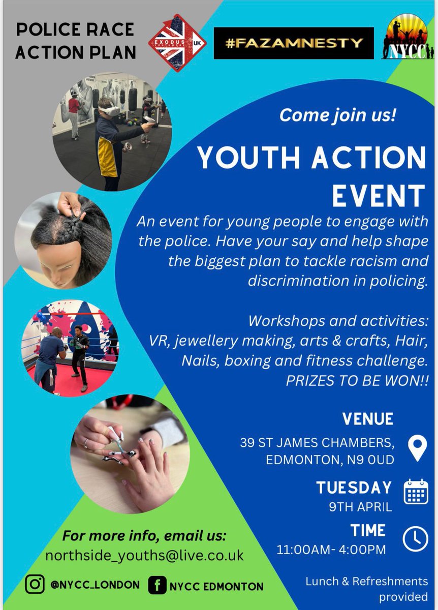 Come and join our Youth Action Event on Tuesday 9th April in collaboration with @PoliceChiefs , NYCC and FazAmnesty. Engage with the police. Have your say and help shape the biggest plan to tackle racism and discrimination in policing. RSVP Tara.hanna@exodusyouthworx.london