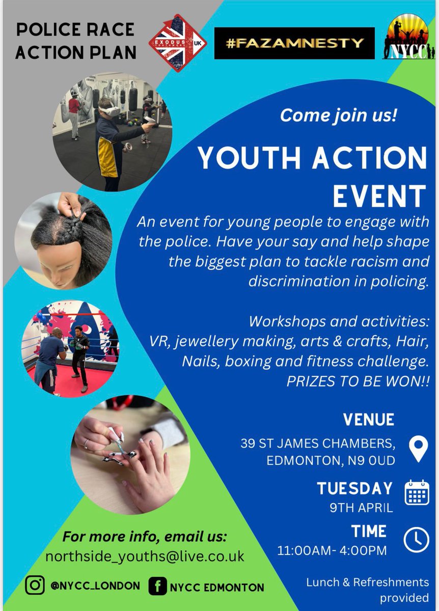 Come and join our Youth Action Event on Tuesday 9th April in collaboration with <a href="/PoliceChiefs/">National Police Chiefs' Council (NPCC)</a> , NYCC and FazAmnesty. Engage with the police. Have your say and help shape the biggest plan to tackle racism and discrimination in policing. 

RSVP Tara.hanna@exodusyouthworx.london