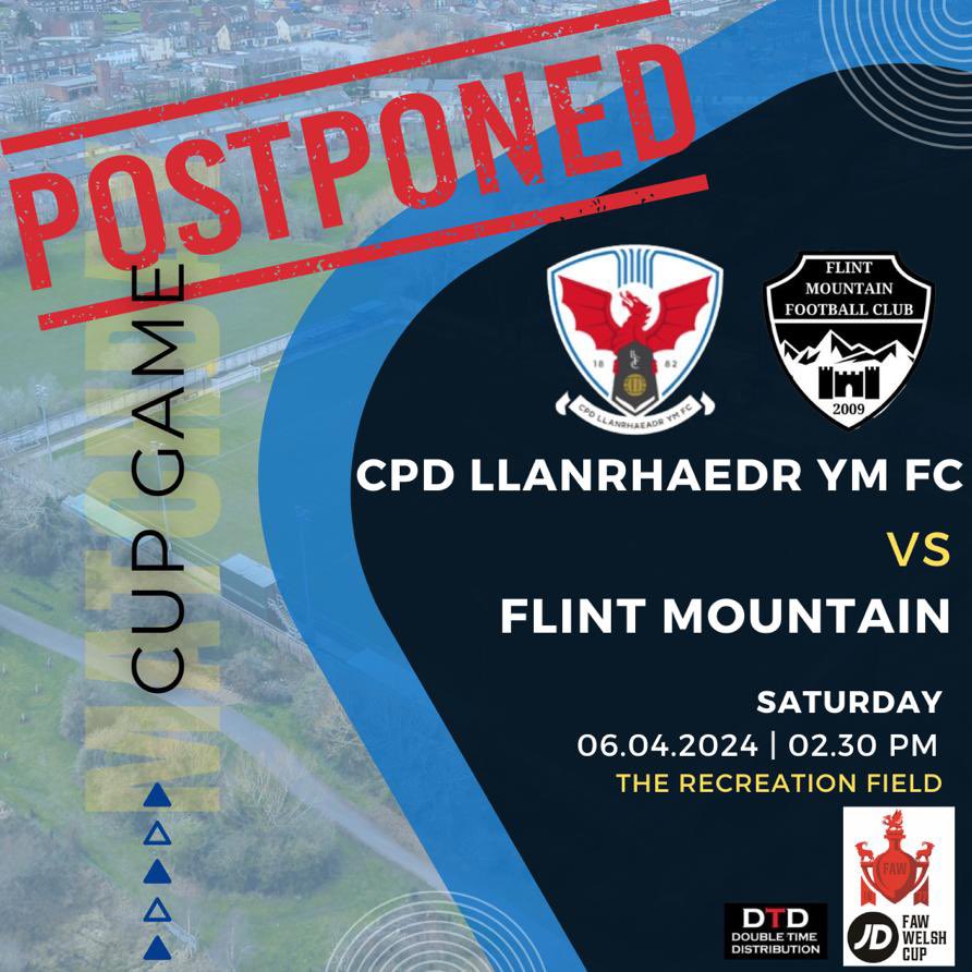 GAME OFF: This afternoon’s @ArdalNorthern League Cup semi final clash with @LlanrhaeadrYMFC has been postponed due to a waterlogged pitch after an early inspection. A new date for the clash will be confirmed in due course. #VivaLaMountain