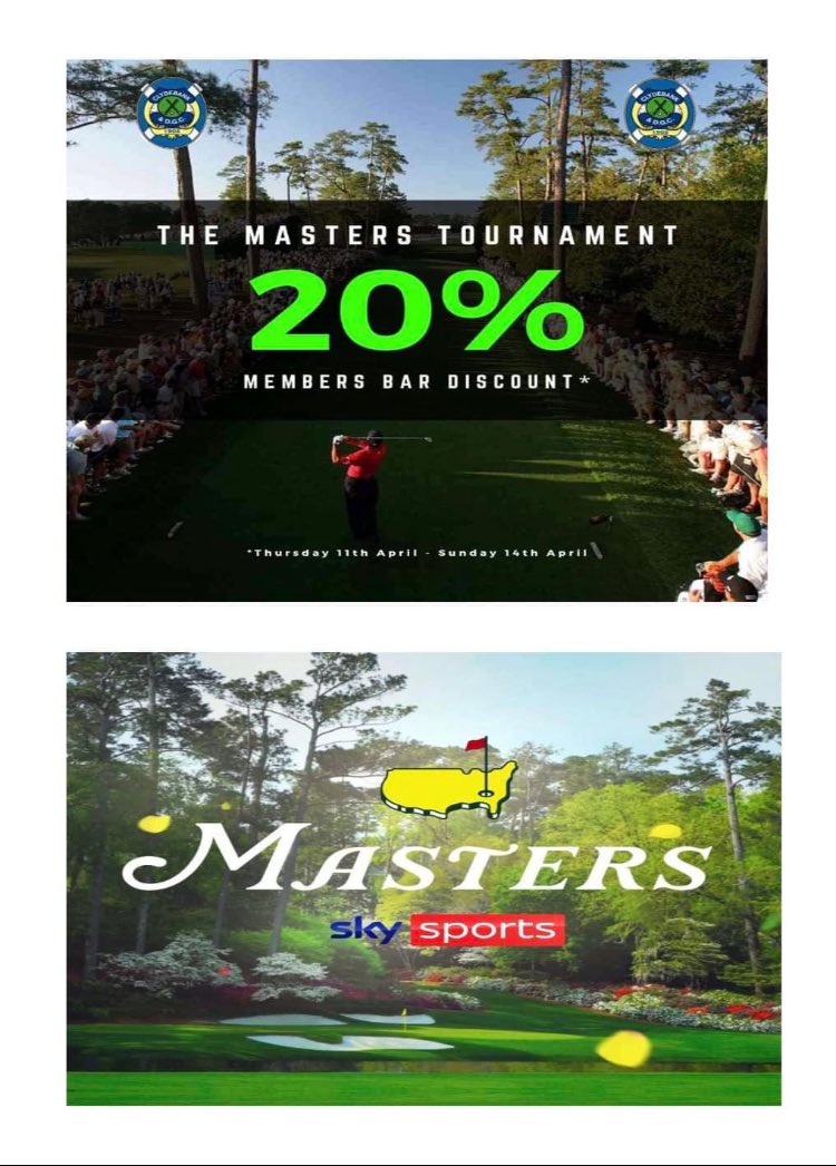 Bar promotions for The Masters next weekend. Looking forward to catching up with everyone for the golf on the big screens at the club. Full live coverage on Sky Sports.