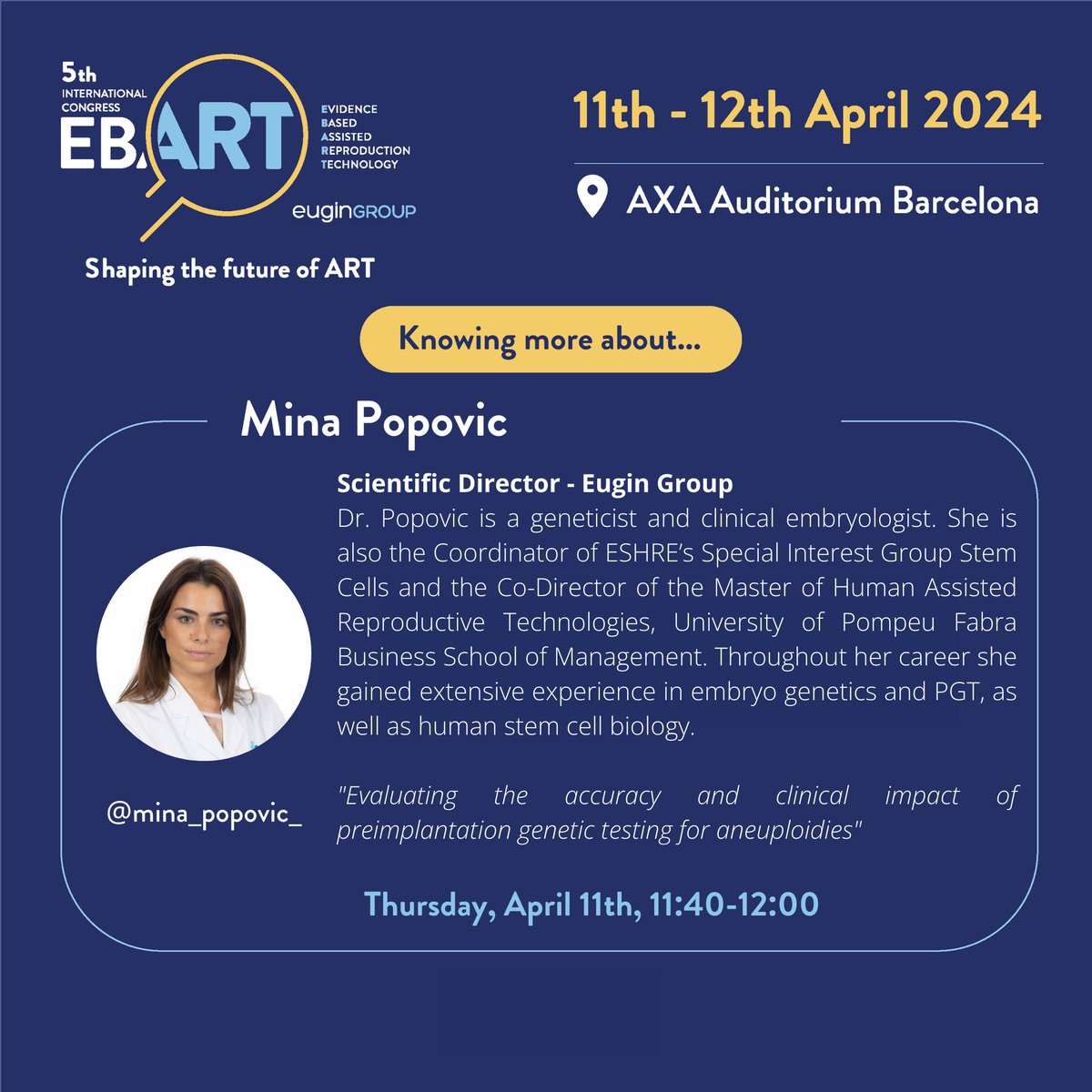 🗣Speakers #EBART2024🔬 Knowing more about Dr. Mina Popovic [@mina_popovic_]. Dr. Popovic is the Scientific Director of @Eugin_Group and co-director of #EBART2024. She also will be presenting on Thursday, 11th April🌟 find more... #science #ART #genetics