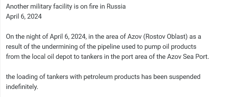 Ukraine hits a pipeline in Rostov. 

Another 🔥🔥🔥?

As a result, the loading of tankers is indefinitely suspended.