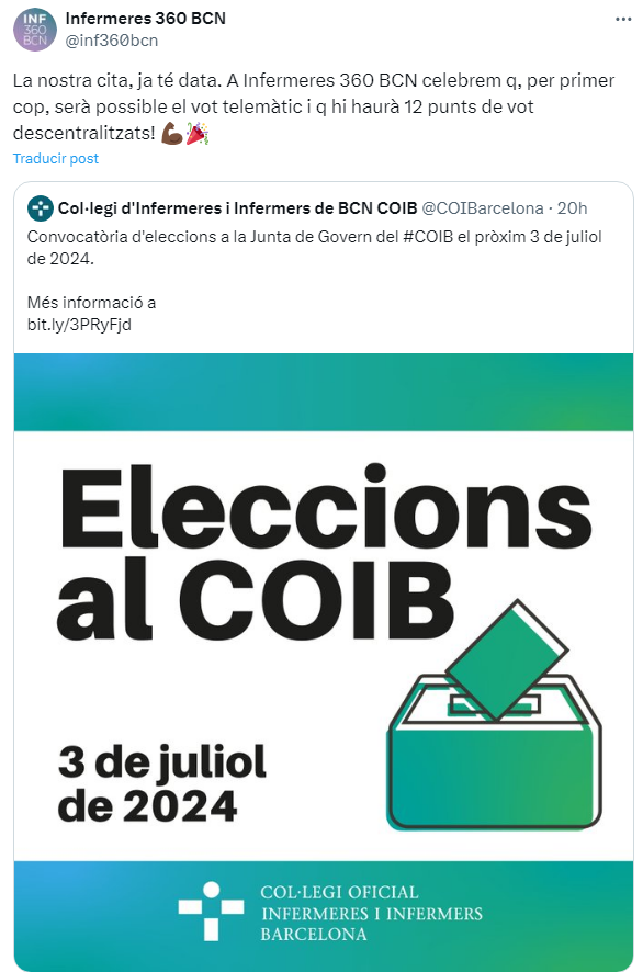 Segueix-nos en xarxes <a href="/inf360bcn/">Infermeres 360 BCN</a>  i a la web infermeres360bcn.cat
No dubteu a interaccionar amb nosaltres.
Us esperem a les eleccions del 3 de Juliol presencial o telemàticament.
<a href="/momo68_3/">Montse Montaña</a> <a href="/albertgranero/">Albert Granero Lázaro</a> <a href="/Vacajuls/">julia glez vaca</a> <a href="/Melba_vs/">Melba Vásquez</a>
<a href="/abueno13/">Angel Bueno Luna</a> <a href="/martarubiesi/">Marta Rúbies</a> <a href="/rosarifaros/">Rosa Rifà Ros 🎗 #WearAMask #WashYourHands</a> @erolore27 ...