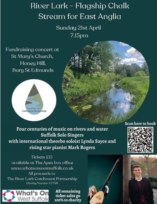 In aid of conservation of River Lark #chalkstream, don't miss this amazing opportunity: a top British lutenists & theorbo player, Lynda Sayce, with Mark Rogers on piano, playing Monteverdi, Caccini, Purcell & Kirbye. Also Ivor Gurney, Handel & of course, Schubert's Trout quintet.