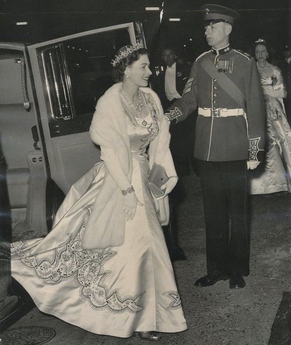 Queen Elizabeth II arriving at the tercentenary dance of the Grenadier Guards Regiment, Knightsbridge, London, England, 1956. #QueenElizabethII