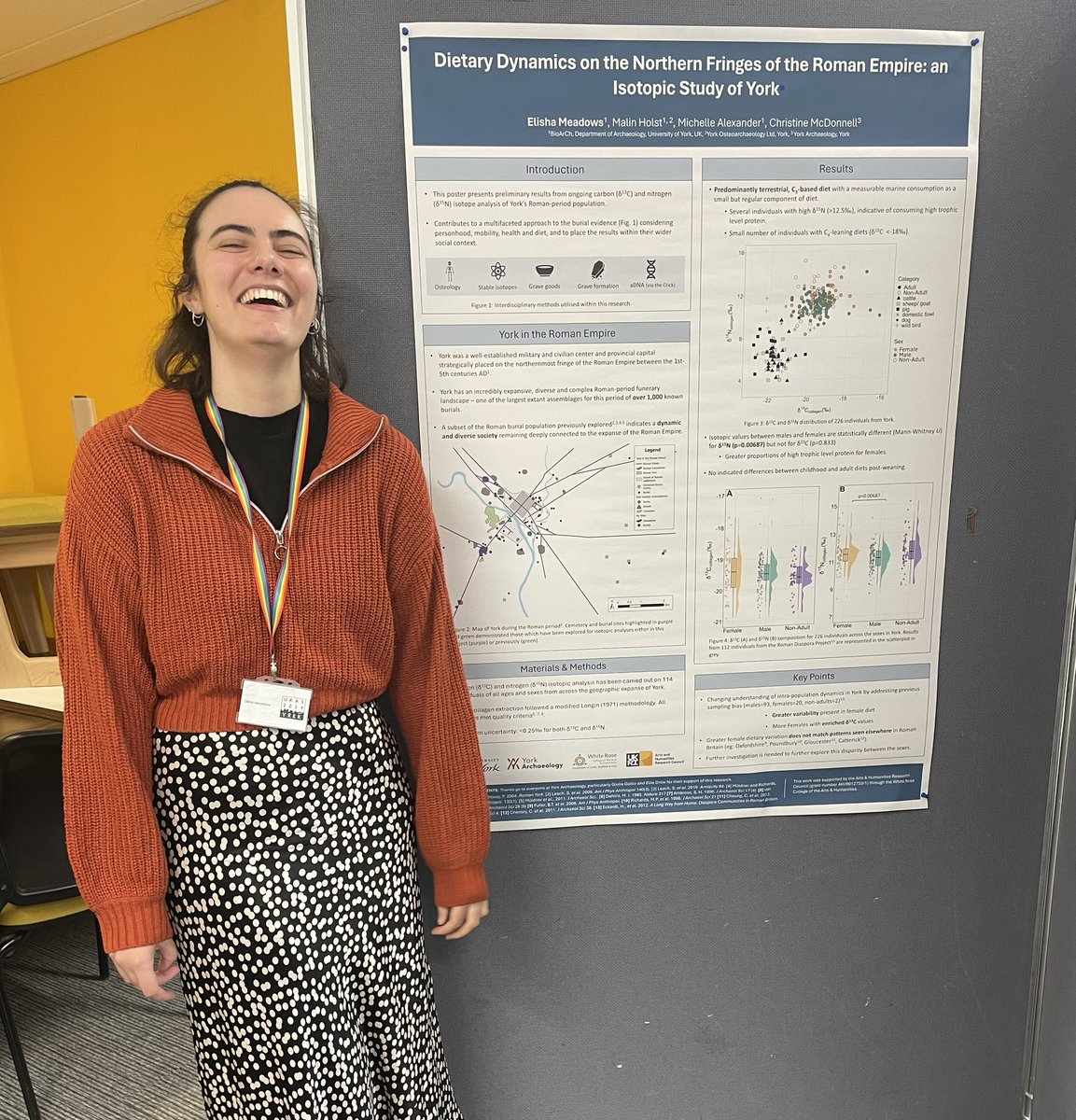 Looking very happy (despite a little bit of tonsillitis!) to have been able to share a small part of my research at @ukas2024! Thanks to everyone that came to visit me at my poster to chat all things isotope, York and Roman 🧪🏛️🧐🦴