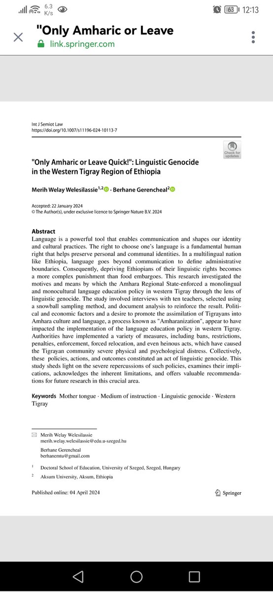 'Only Amharic or leave Quick': linguistic Genocide in the western Tigray region.

Full Article: link.springer.com/epdf/10.1007/s…