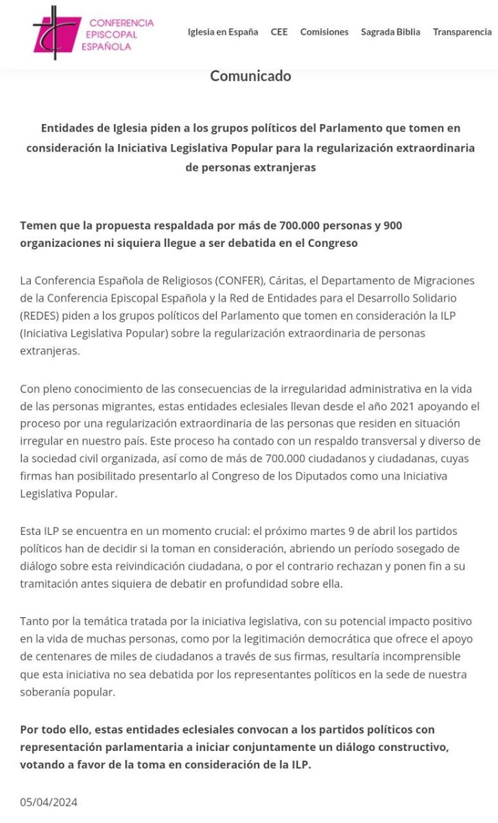 🇪🇸 La Conferencia Episcopal Española, CONFER y Cáritas apoyan la regulación masiva de inmigrantes ilegales.