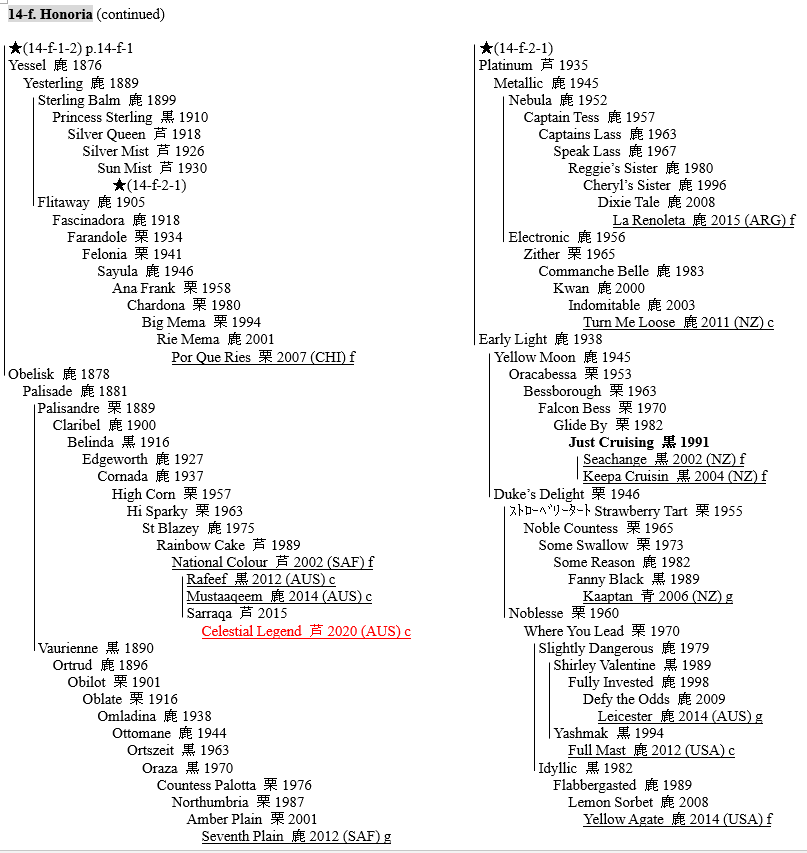 This is the dam lineage of Celestial Legend, the winner of Doncaster Mile.
(Each of the underlined is GI winner 'foaled this century' and the boldfaced is the mare foaling multiple GI winners with separate sires)