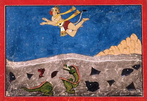 Lord #Hanuman Leaps over the Ocean on way to #SriLanka  
(No, that is not the #Katchatheevu Island behind Him & He's not going there to solve the #KatchatheevuIssue)

c1720 CE #Pahari painting now at Museum Rietberg from #Guler #Ramayana attributed to #PanditSeu #HimachalPradesh