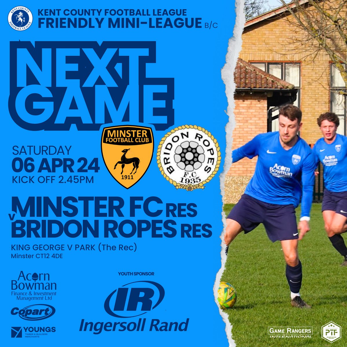 REZZIES : NEXT GAME
 🆚 @bridonropesfc1 Reserves
🏆 @KCFL1516 Friendly Mini-League
📅 06 Apr 24
⏰ 2.45pm Kick off 
🏟️ King George V Park (The Rec)
📍 CT12 4DE

Good luck lads !!  
#AcornBowmanFinance
@CopartUKLimited
#YoungsTBM
#IngersollRand

#grassrootsfootball  #mcmxi