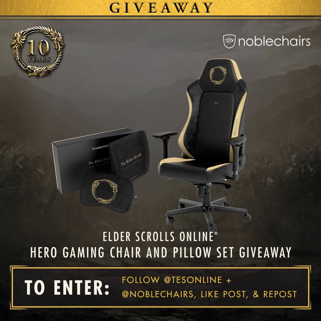 We're thrilled to be giving away an #ESO Special Edition chair from @noblechairs!

To enter:
1️⃣ Follow @TESOnline + @noblechairs
2️⃣ ♥ + repost

⏰ Winner chosen April 8
No purchase necessary. See official rules for sponsor info and full terms.
🔗 beth.games/3VOLI90
#ESO10