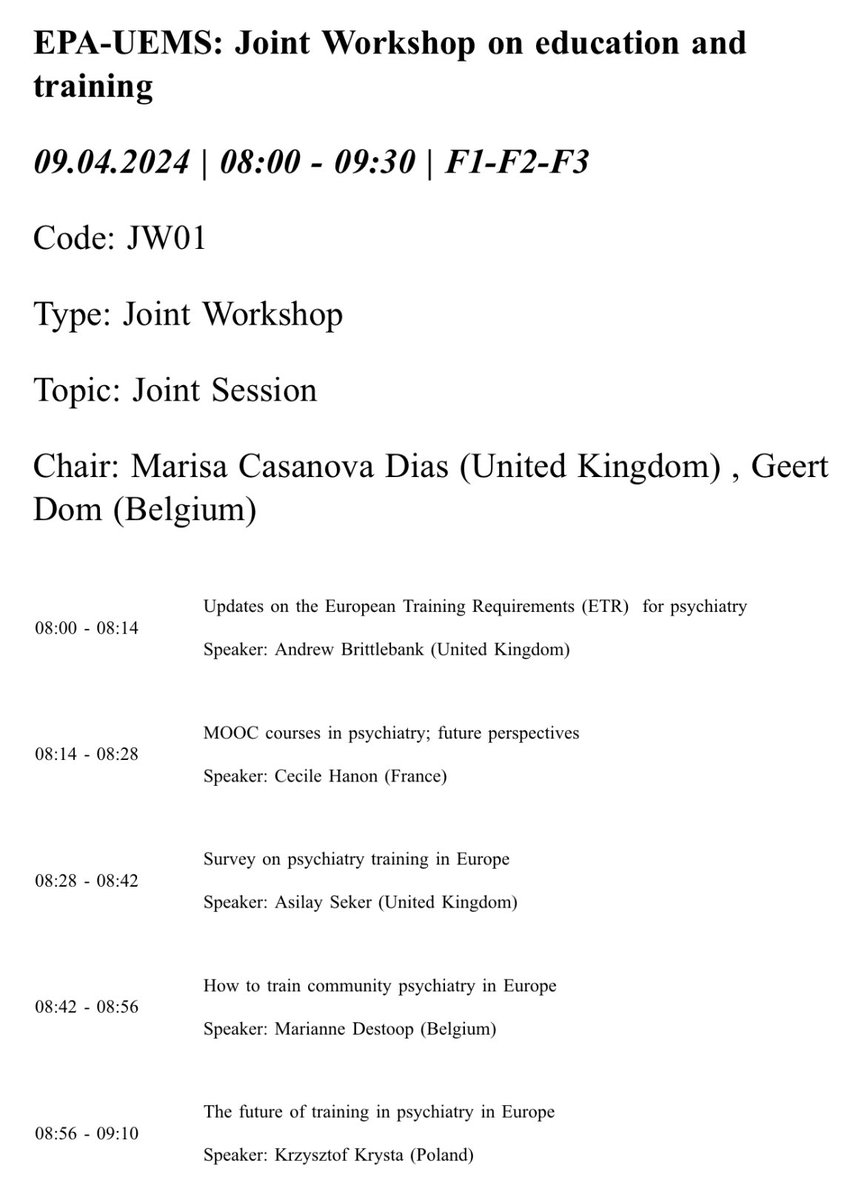 Join us for the joint @Euro_Psychiatry @UEMSEurope Workshop on education and training on Tuesday 09.04.2024 | 08:00 - 09:30 There will be a chance for a discussion with the @UemsP Officers after the workshop- so we hope you are able to stick around