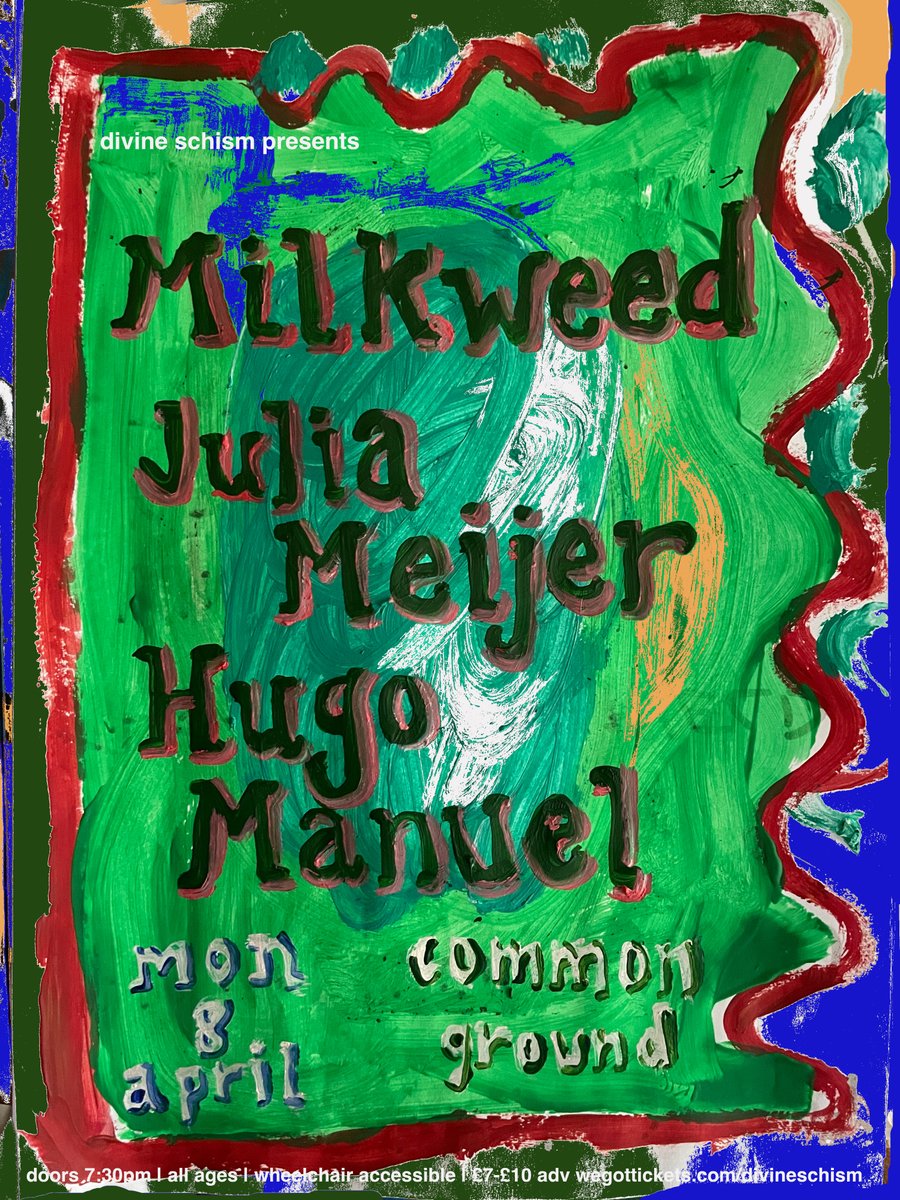 Oh my, we have a night of beauty song on Monday - our last show of April and we host Milkweed, Julia Meijer and Hugo Manuel at Common Ground. Not one to be missed I'd say! The latest Milkweed release is truly radical milkweedfolk.bandcamp.com/album/folklore… wegottickets.com/divineschism