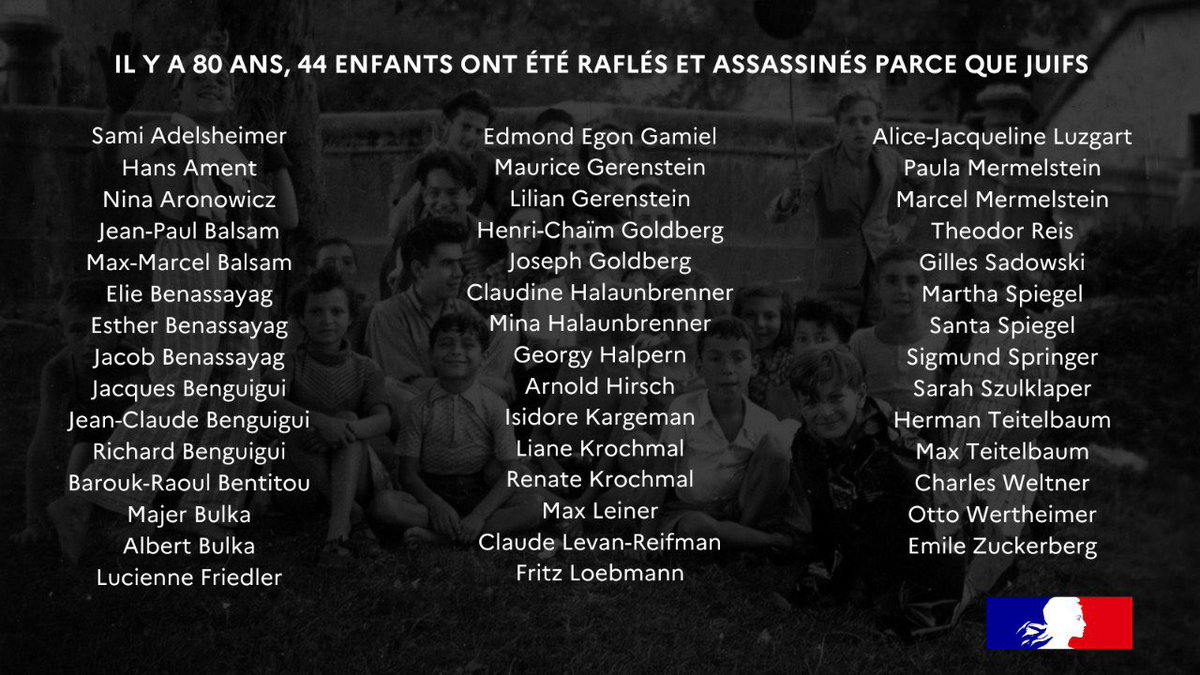 Le 6 avril 1944, 44 enfants étaient raflés à Izieu sur ordre de Klaus Barbie. Ils allaient ensuite être exécutés dans les camps.

Leur faute ? Être juifs.

N'oublions jamais. Et ne laissons rien passer face à l'antisémitisme et à la haine.