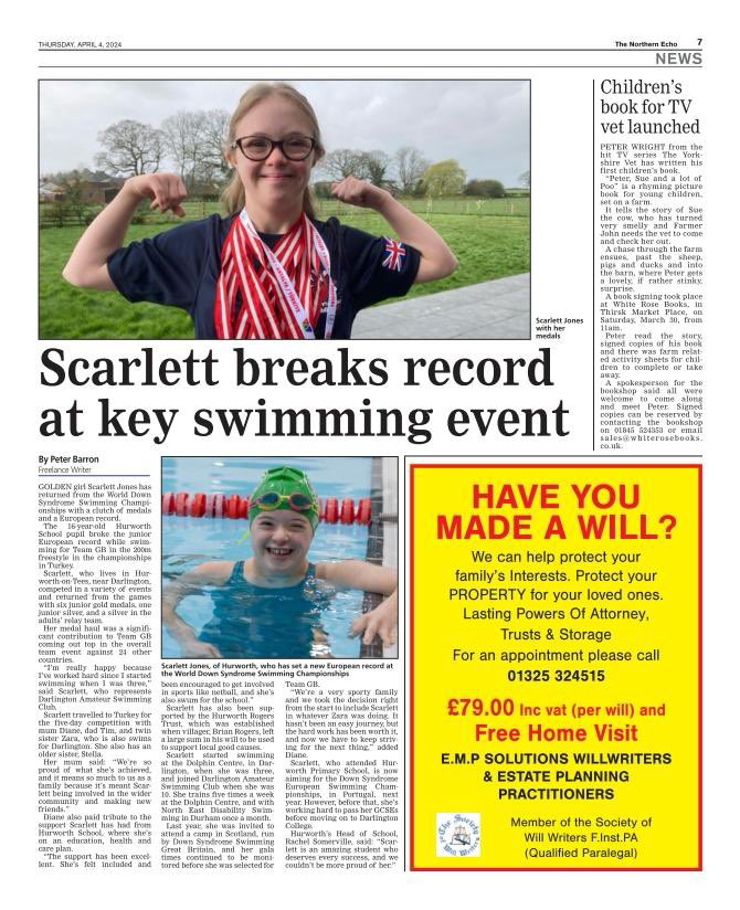 Headline news in @TheNorthernEcho Darlington girl breaks European record at World Down Syndrome Swimming Championships thenorthernecho.co.uk/news/24227646.… Congratulations Scarlett 👏👏