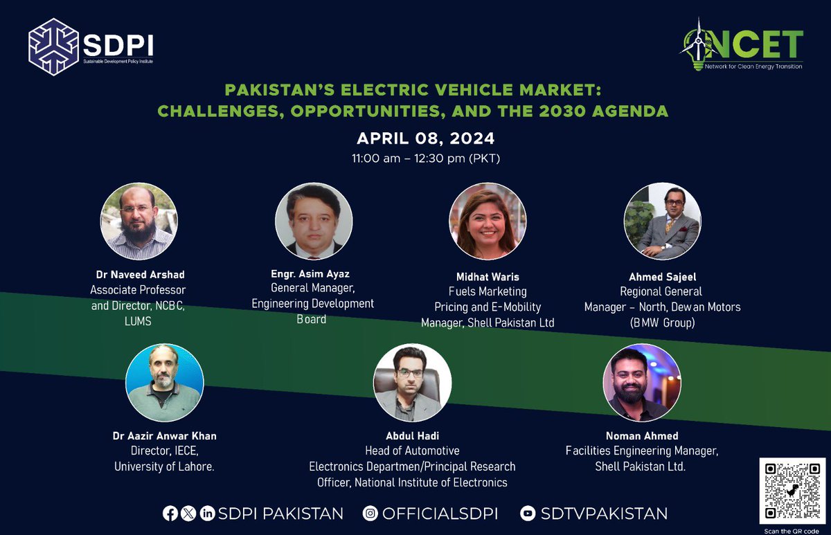 #SDPI under the auspice of #NCET is conducting a Webinar on “Pakistan’s Electric Vehicle Market: Challenges, Opportunities, and the 2030 Agenda”. This dialogue aims to explore the ongoing efforts towards adoption of #EVs in Pakistan and to discuss the way forward, particularly…
