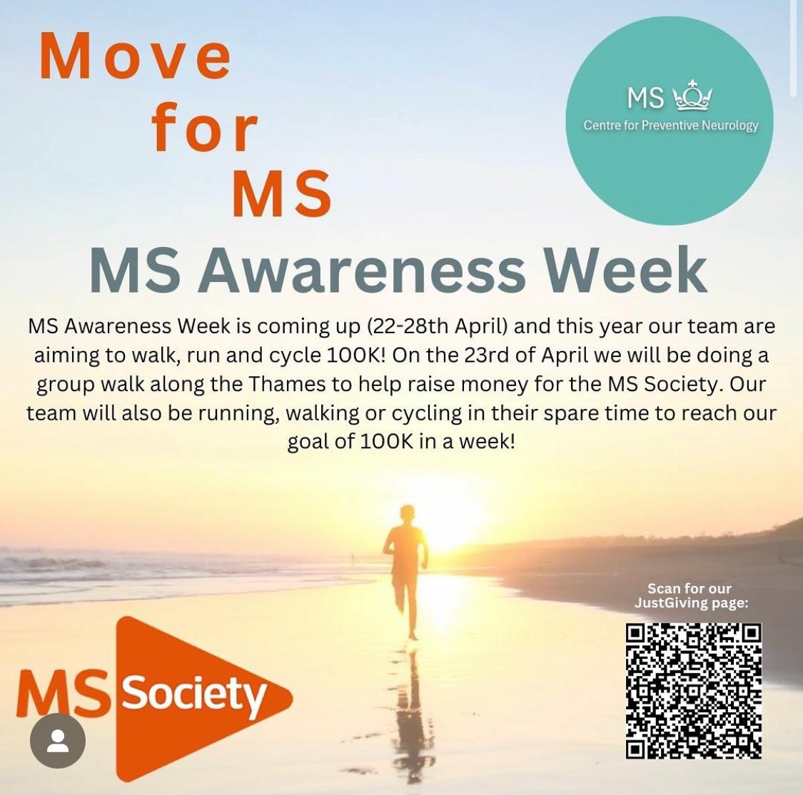 I’m going to try to cover 100km during MS awareness week with @preventiveneur1 running, walking and cycling. We’re fundraising for @mssocietyuk who fund some of our work, and more importantly support so many people with MS. justgiving.com/page/cpn-ms-gr…