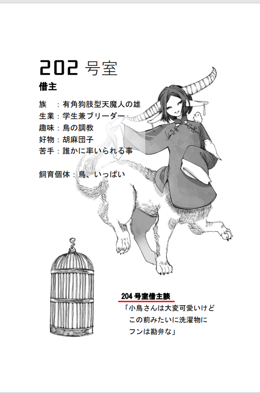 #めぶくアートコンテスト3
今回出した『メゾン・ヤドリギ群像ズ』はアパート全景、各窓辺、プロフの三部構成なんですが、
例)202号室の窓辺を基に部屋の借主プロフを見ると、204号室の借主の一言が入っていて
204号室の窓辺と借主のプロフ確認すると202号室の借主からの返事があったりしまs誤字ィ!