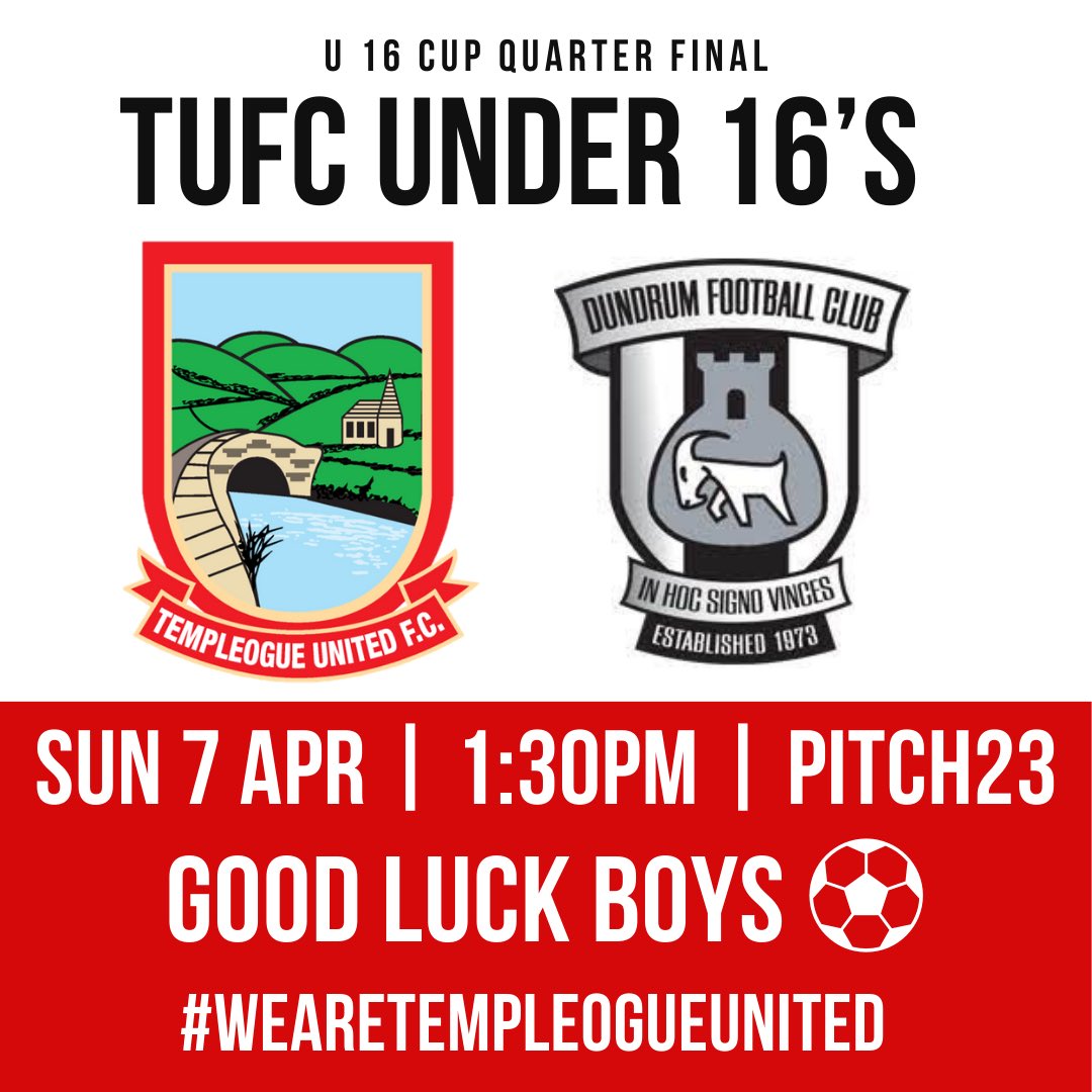 ⚽️ HUGE SUPPORT NEEDED ⚽️ Our under 16s are in the cup quarter final tomorrow at 1:30pm on pitch 23. They’d appreciate anyone that can make it down this support the team 🔴⚪️⚽️ Best of luck to Dara, the coaches & the players.