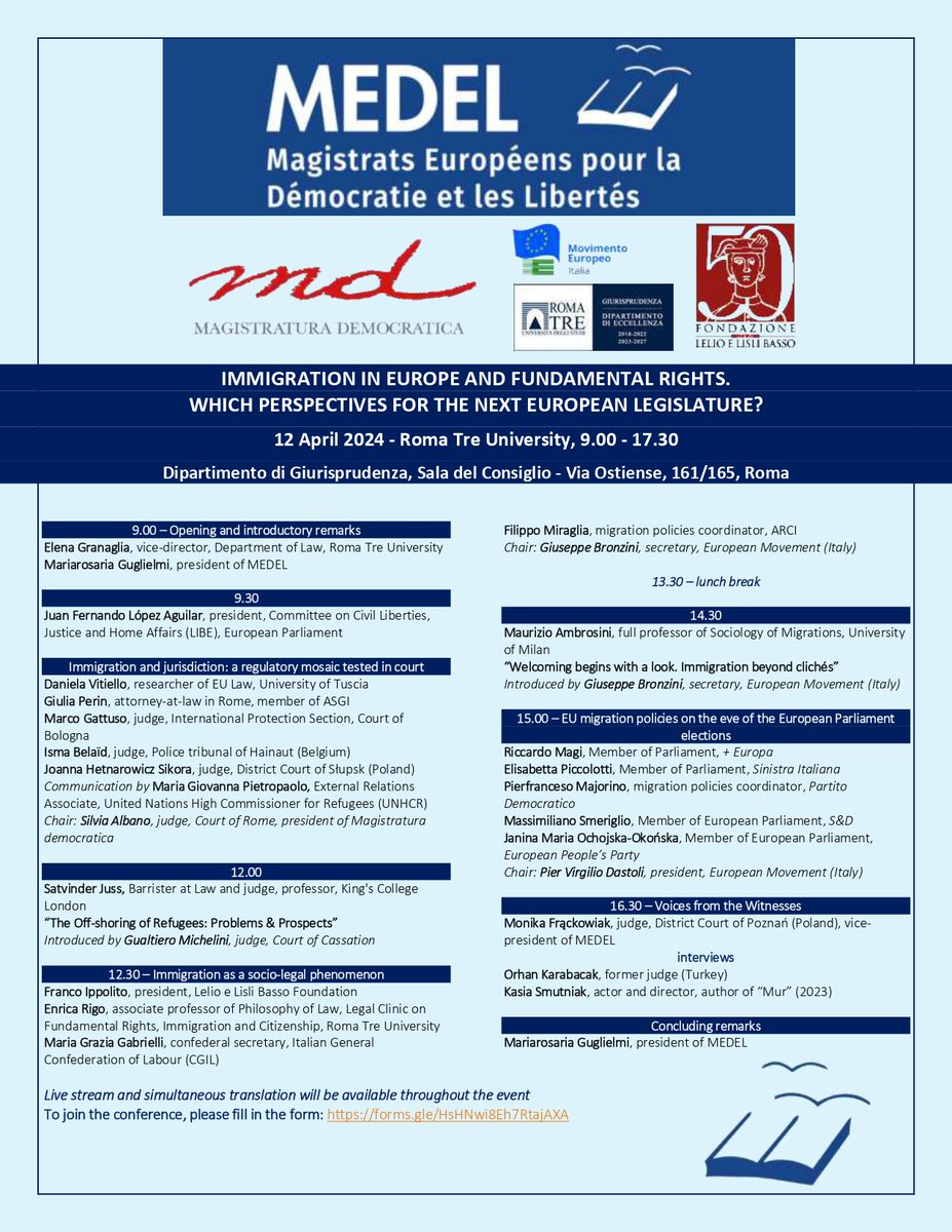 @MedelEurope conference IMMIGRATION IN EUROPE AND FUNDAMENTAL RIGHTS. WHICH PERSPECTIVES FOR THE NEXT EUROPEAN LEGISLATURE? 12 April 2024, Roma Tre University, 9.00-17.30 @UnivRoma3 @MagDemocratica @fondazionebasso @MovEuropeo_IT @asgi_it