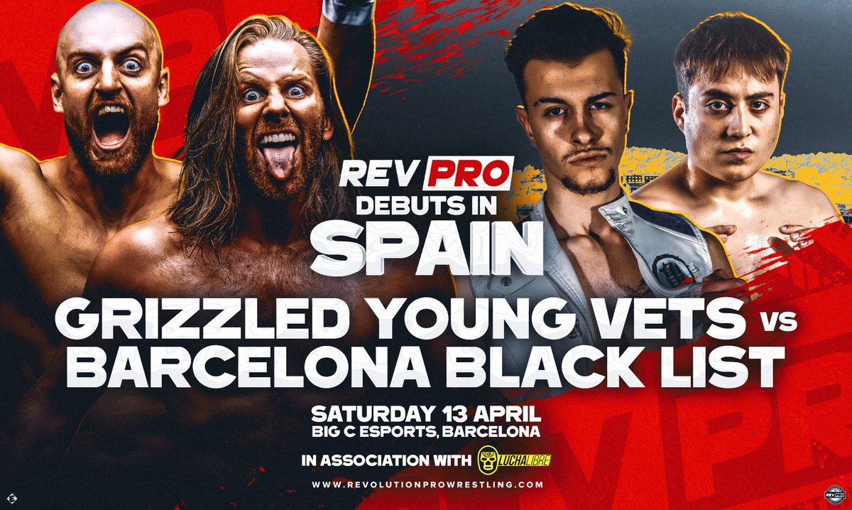 🇪🇸NEXT SATURDAY! We are live in BARCELONA for the very first time & we've got one hell of a tag match coming your way! GRIZZLED YOUNG VETS (Zack Gibson & James Drake) Vs. BARCELONA BLACK LIST (Joey Torres & Sito Sanchez) 🎟️ revolutionprowrestling.com/barcelona