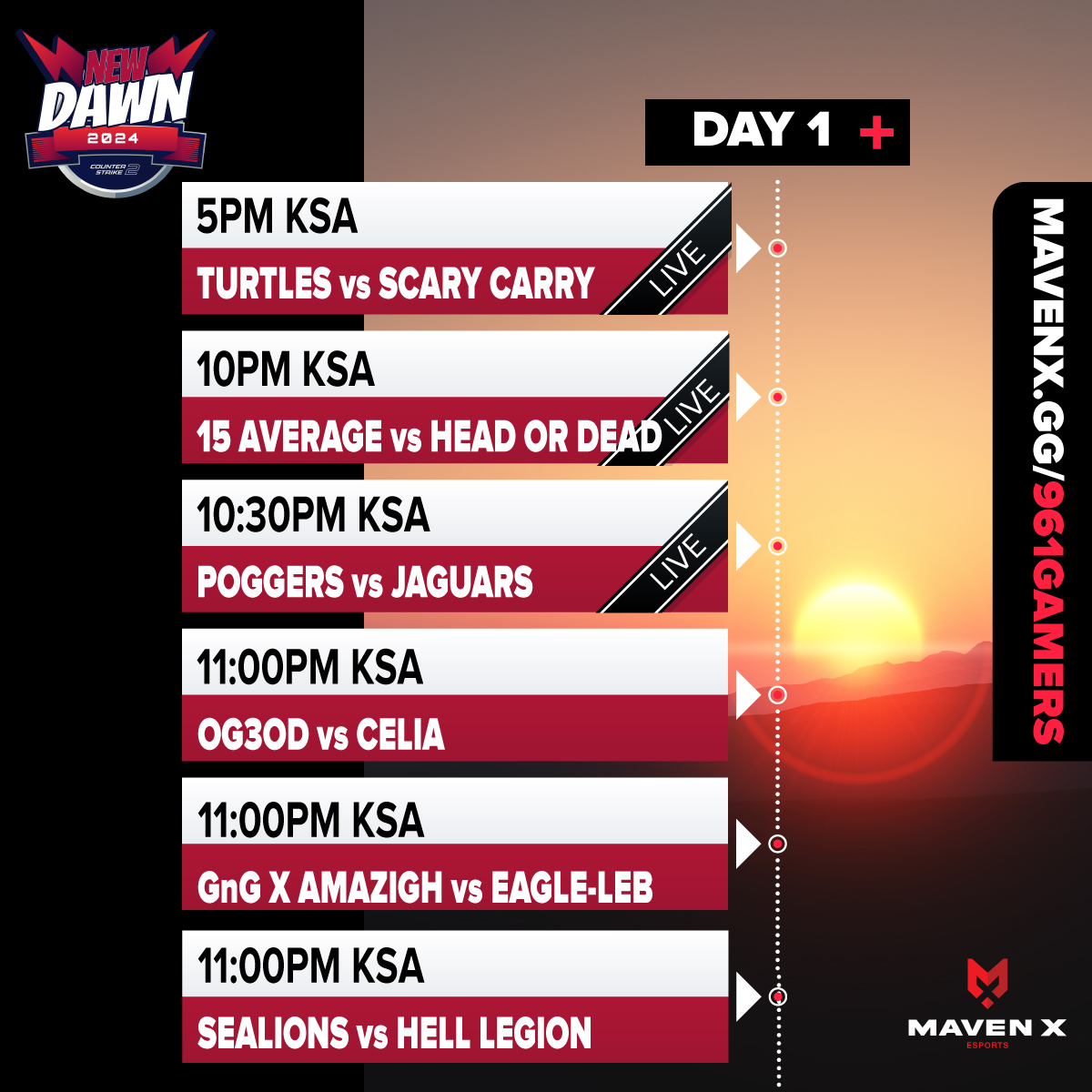 Day 1 of the #NewDawn <a href="/CounterStrike/">CS2</a> will start in a few hours!

Take a look at the schedule and join us for the live on mavenx.gg/961gamers

#MENA #CS2 #961Gamers #BeTheMaven

Main Partner: <a href="/mavenxgaming/">MAVEN X</a> 
Technical Partner: <a href="/Macrotronics/">Macrotronics</a>