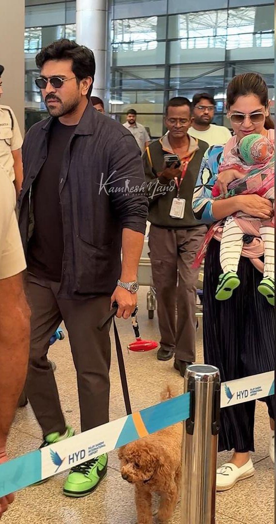 Like dad like daughter 😍 same style 👌😎 Megapowerstar #Ramcharan with @upasanakonidela n Mega Princess #klinkara back from vacation papped at airport @AlwaysRamCharan