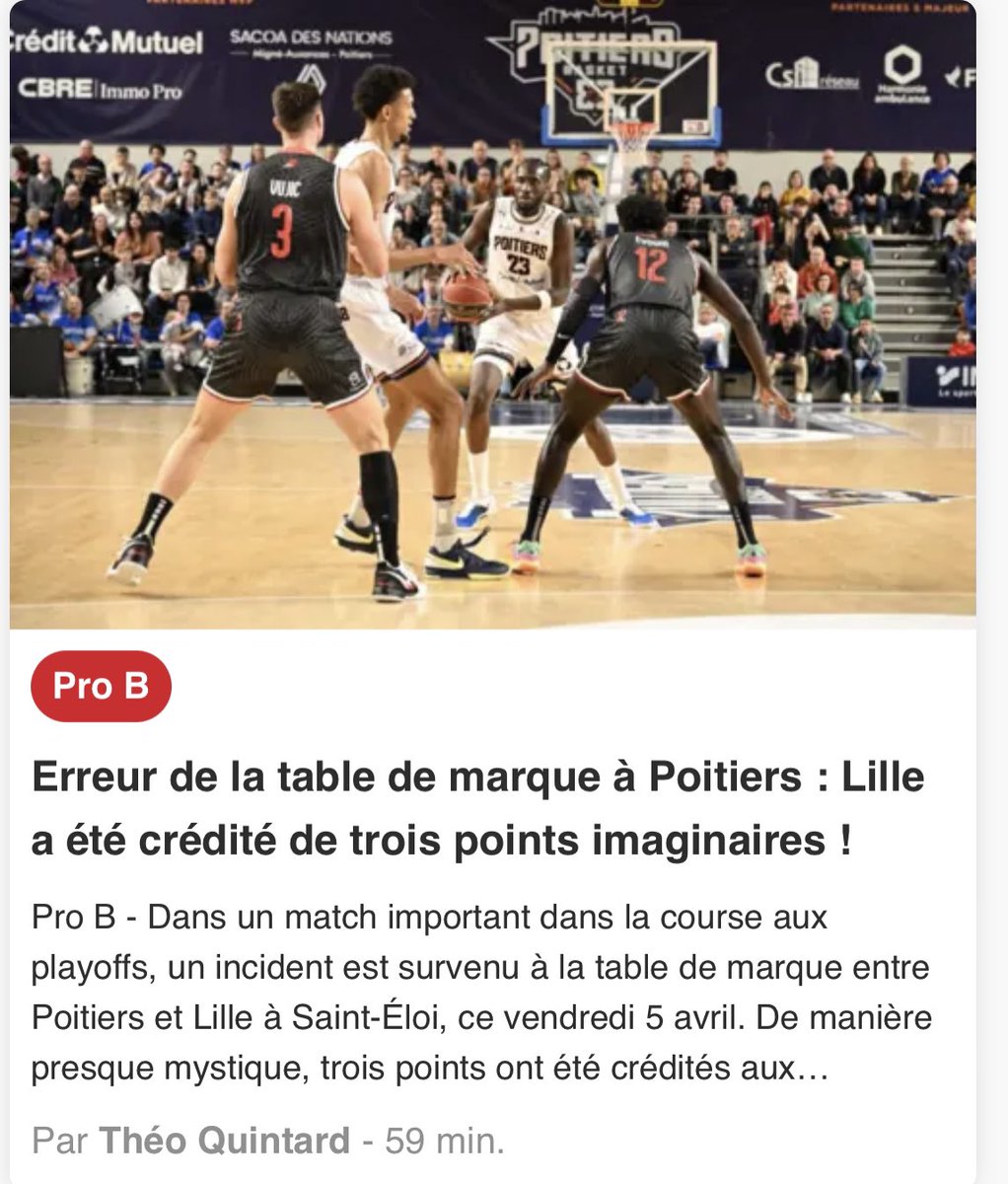🫤  Erreur de la table de marque à Poitiers : Lille a été crédité de trois points imaginaires !

❌ Une erreur d'appréciation dommageable dans une rencontre importante pour les playoffs.

💬 Explications à lire sur <a href="/Be_BasketFr/">BeBasket</a> : bebasket.fr/erreur-de-la-t…