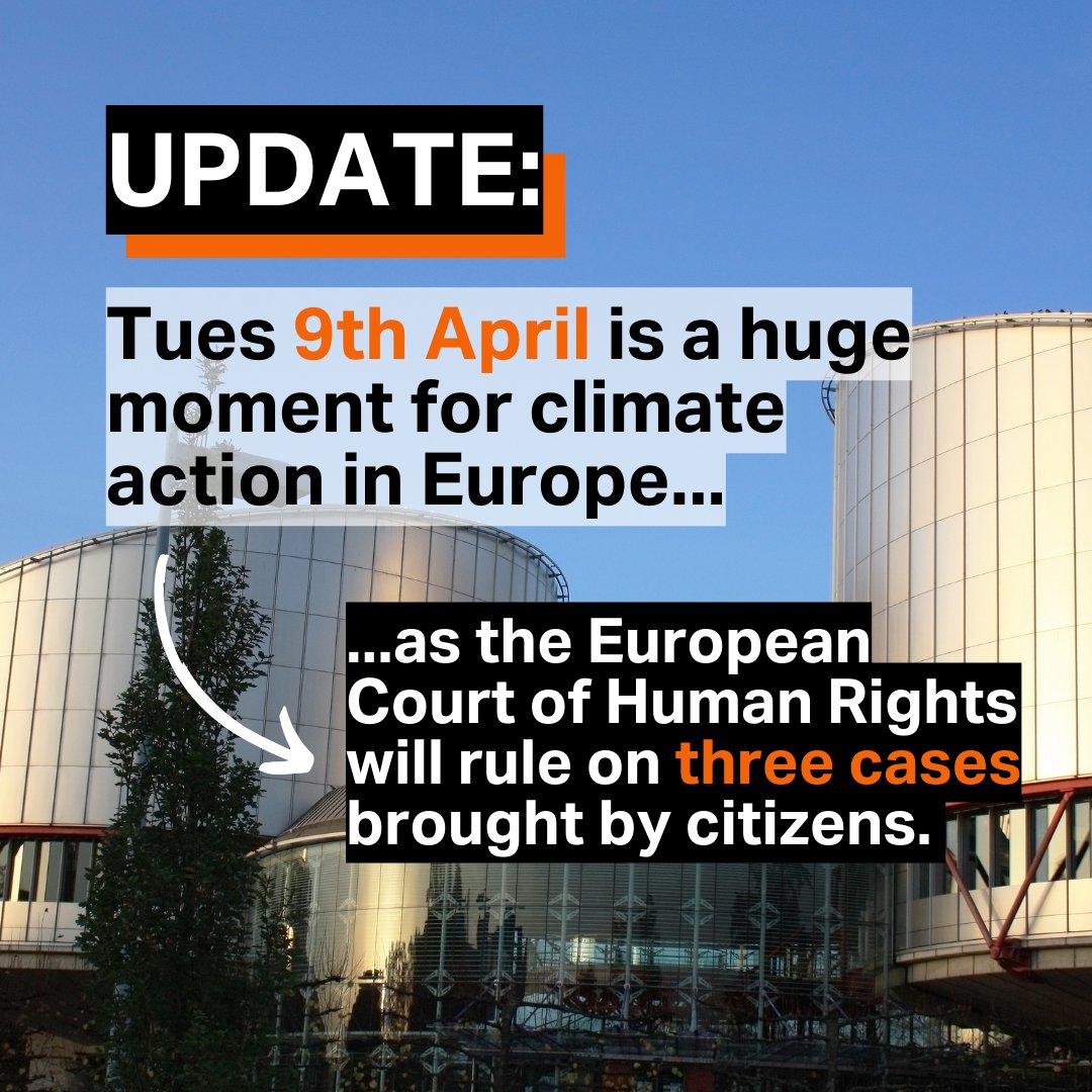 🚨9th April will be a turning point for climate action in the courts. The @ECHR_CEDH is set to deliver rulings on 3 climate cases brought by citizens @KlimaSeniorin, @Y4CJ_, and @DamienCAREME against their governments for climate inaction. Stay tuned.