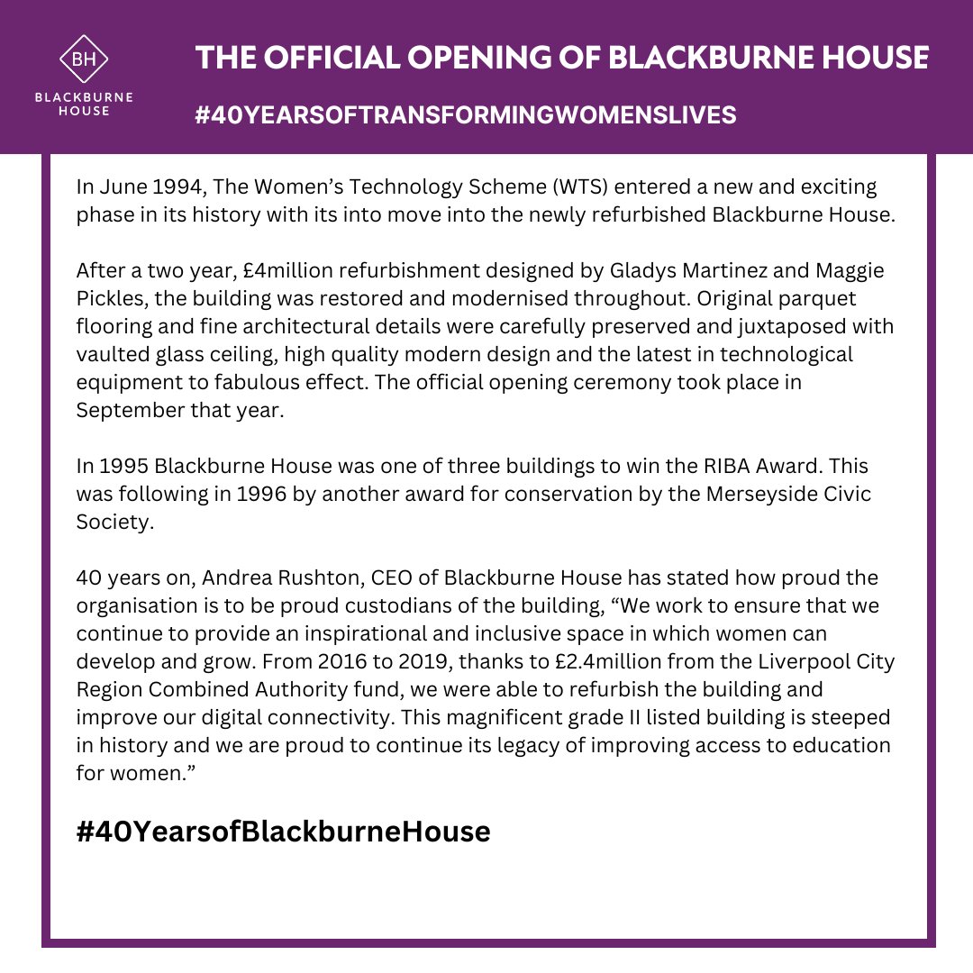 This year we are celebrating #40yearsofBlackburneHouse! In June 1994, The Women’s Technology Scheme entered a new and exciting phase in its history and moved into the newly refurbished Blackburne House, which we still call home to this day 💜 #40yearsempoweringwomen