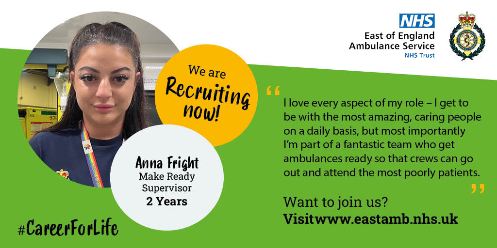 Anna joined us as a make ready operative in 2022 and is now a make ready supervisor! ‘The help and support I received from my fellow supervisors and group lead really did push me towards achieving my goals.’ Where could your #CareerForLife take you? eastamb.nhs.uk/vacancies