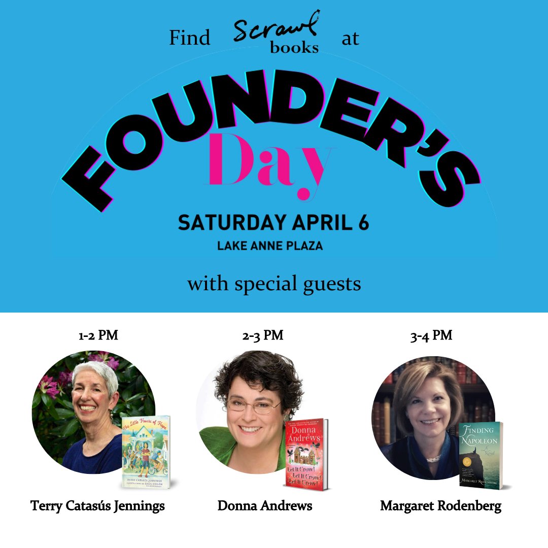 Founder's Day celebrates 20 years TODAY! Find the Scrawl Books booth at Reston Founder's Day in Lake Anne! We'll be there with visits from THREE of your favorite Reston authors: @TerryCJennings, @DonnaAndrews13, and Margaret Rodenberg! More info: loom.ly/KDhe2LM