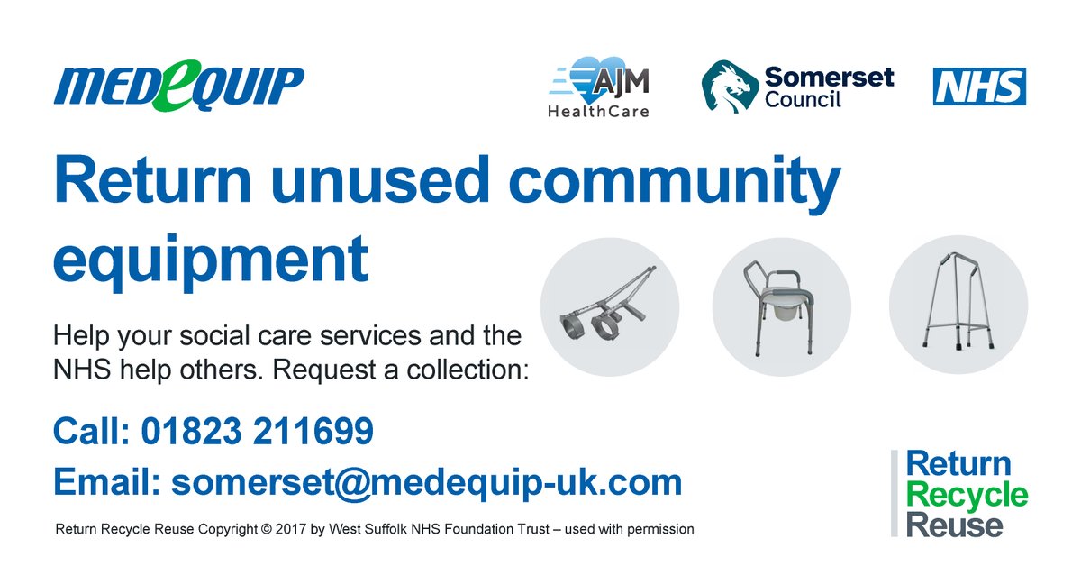 NHS and social care services in Somerset lose money every year due to missing equipment. If you have unused community equipment like crutches, wheelchairs, hoists etc then please do get in touch with @MedequipUK 👇 📞 01823 211699 ✉️ somerset@medequip-uk.com