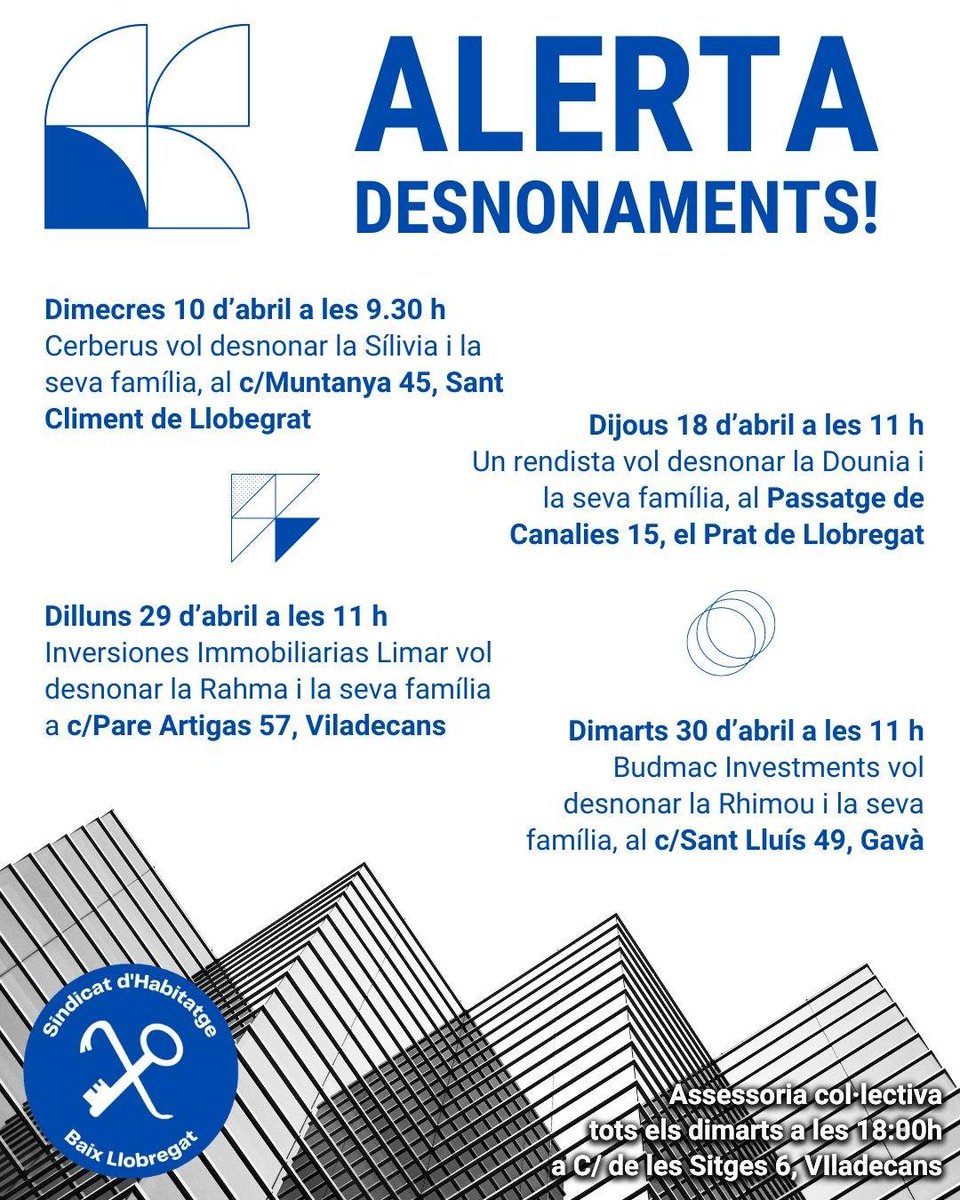 🔵 ALERTA DESNONAMENTS

Aquest mes, el sindicat s'enfronta a quatre desnonaments a diferents municipis de la comarca.

Ens veiem a les convocatòries per a defensar el dret a un habitatge digne, universal, gratuït i sotra el control de les treballadores!