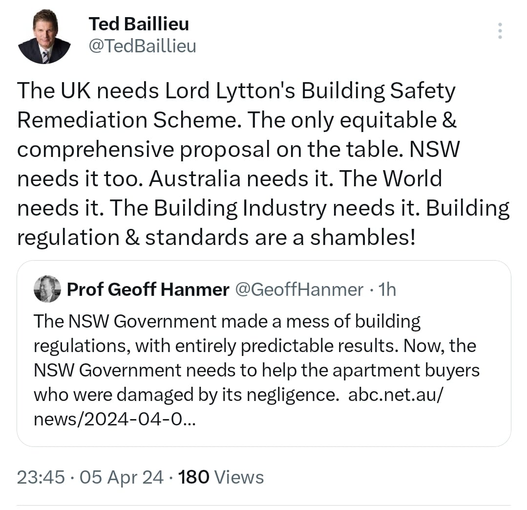 Ted Baillieu Former Premier Victoria of Victoria, Australia and Co Chair of Victoria's cladding task force has just renewed his support for the Earl of Lytton's buildingsafetyscheme.org consumer protection legislation. This legislation won't just resolve the stalled flat market,