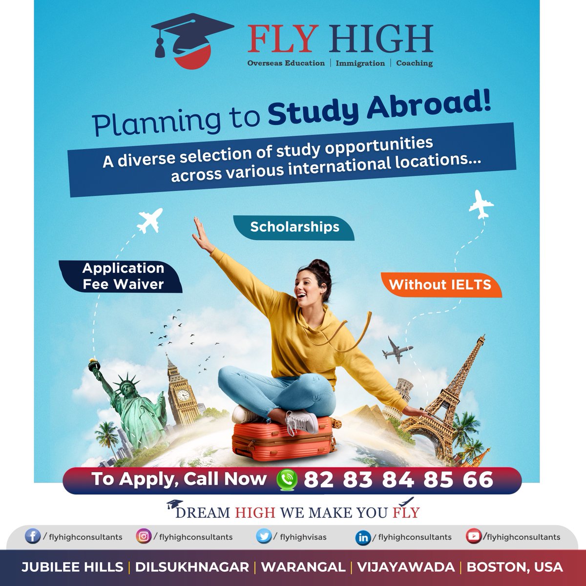 Dreaming of #studyingabroad?
Let #Flyhighconsultants make your dream a reality.
Connect with our team today and book one on one counseling with our #OverseasEducation and #Immigration Expert Mr. Yespal Veeragoni sir.
Contact us at 📲: +91 8283848566