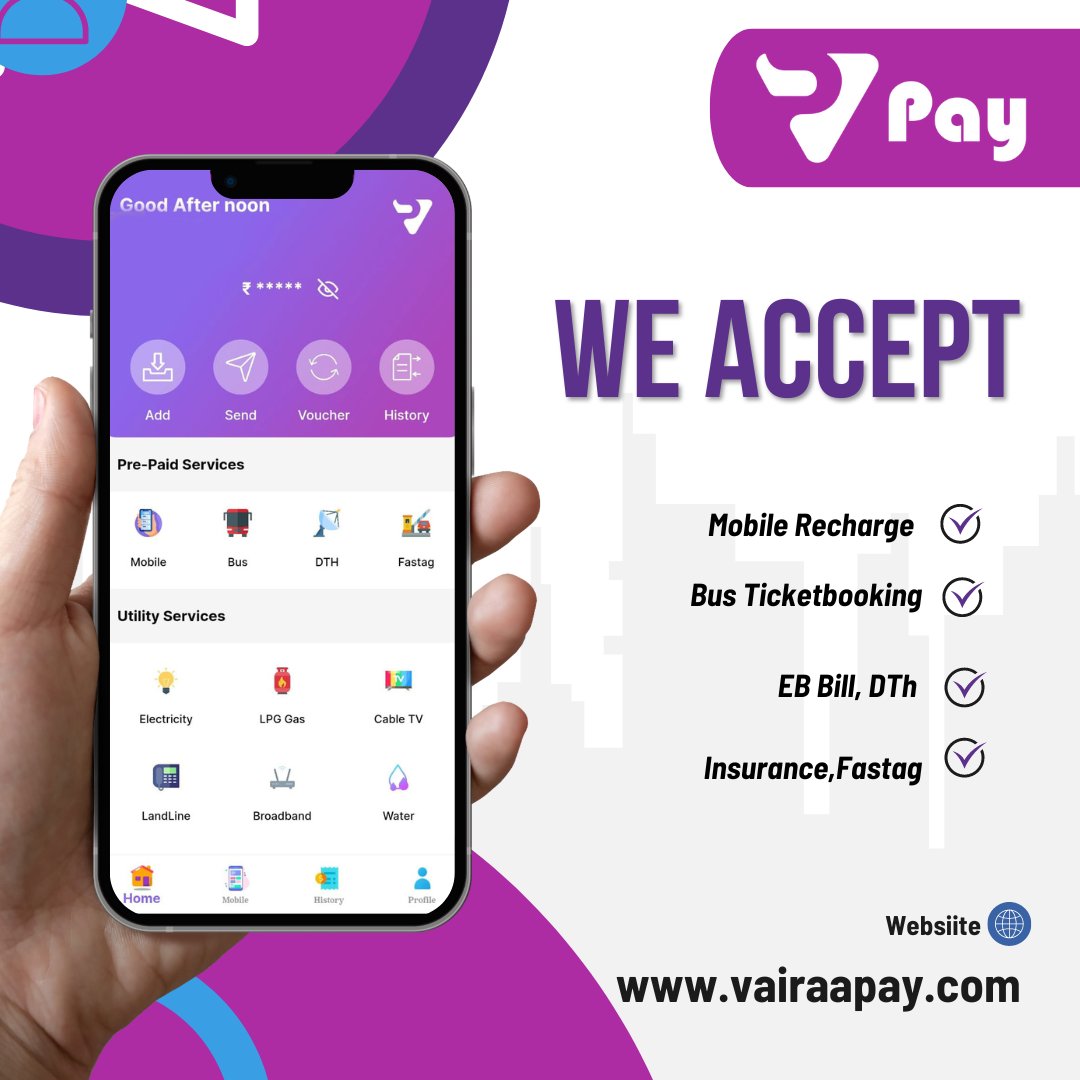 Vpay: The future of convenience is here.  FOR MORE DETAILS.. 
MAIL: support@vairaapay.com 
WEBSITE: vairaapay.com
#vpay #paymentapp #utilityapp #digitalpaymentapp #recharge #busticket #insurance #fastag #simple #effortless #download #install